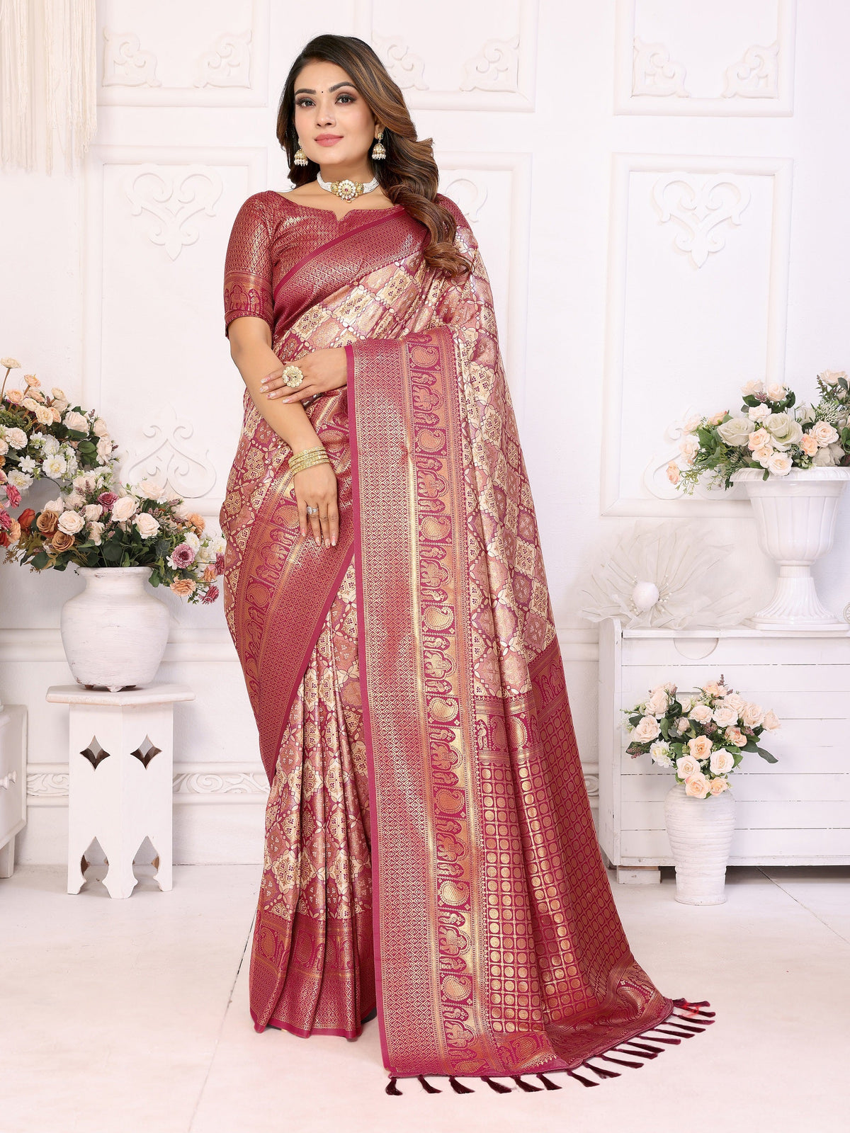 Vedant Vastram Soft Litchi Silk Kanjeevaram Silk Saree - Maroon | Grocsy