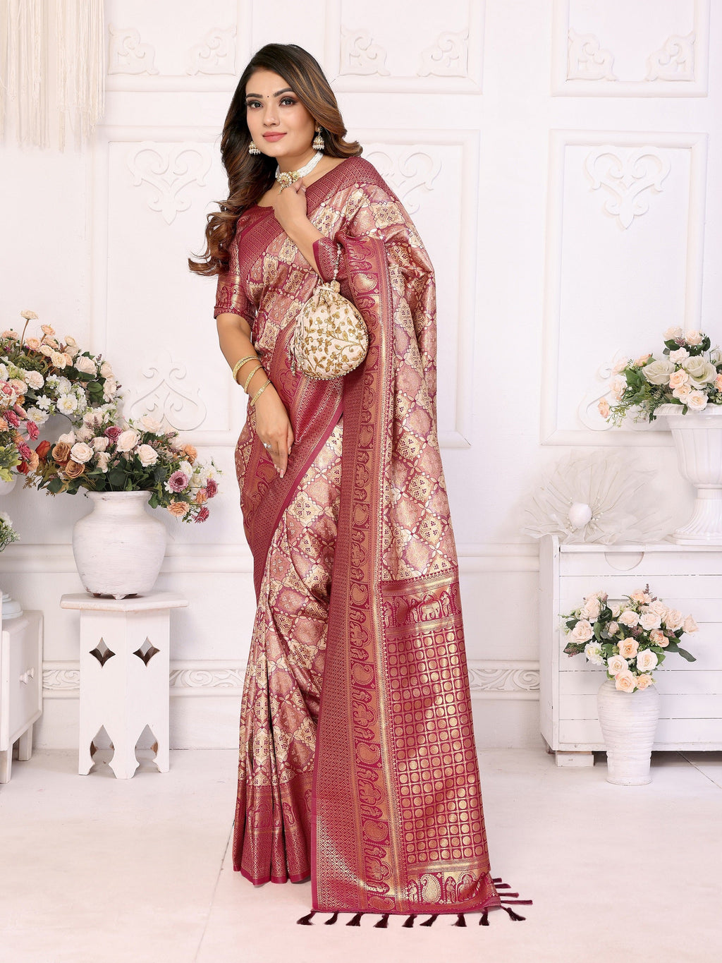 Vedant Vastram Soft Litchi Silk Kanjeevaram Silk Saree - Maroon | Grocsy