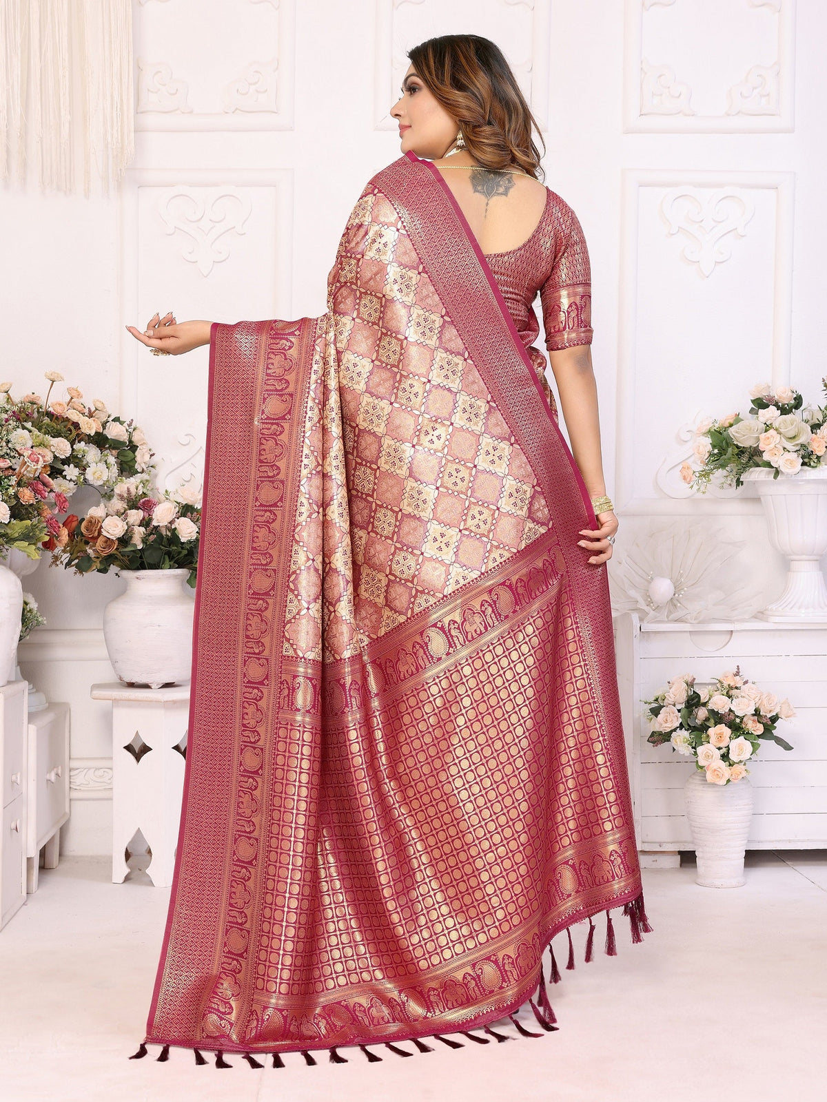 Vedant Vastram Soft Litchi Silk Kanjeevaram Silk Saree - Maroon | Grocsy