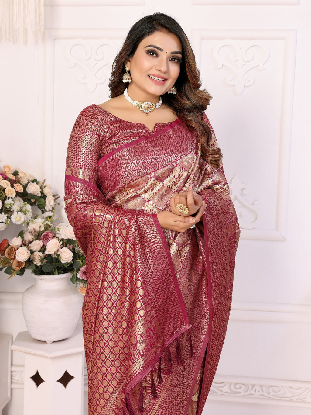 Vedant Vastram Soft Litchi Silk Kanjeevaram Silk Saree - Maroon | Grocsy