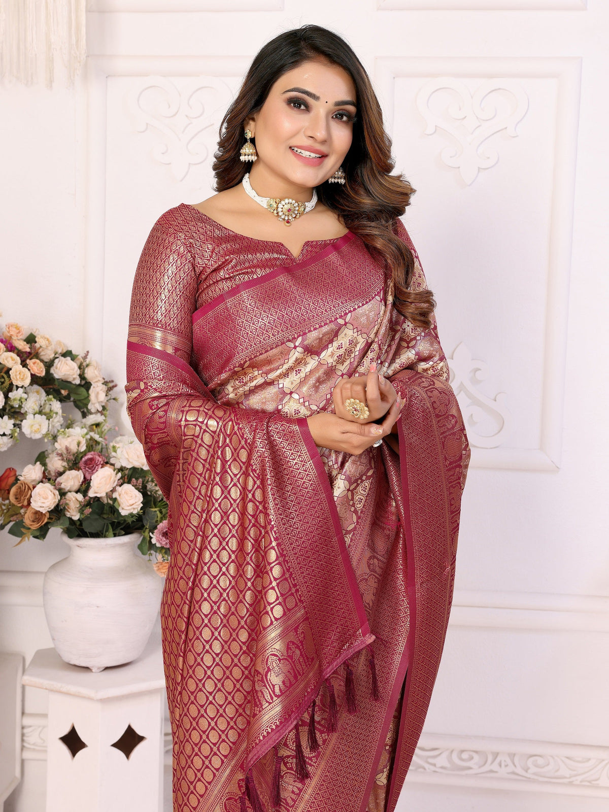 Vedant Vastram Soft Litchi Silk Kanjeevaram Silk Saree - Maroon | Grocsy