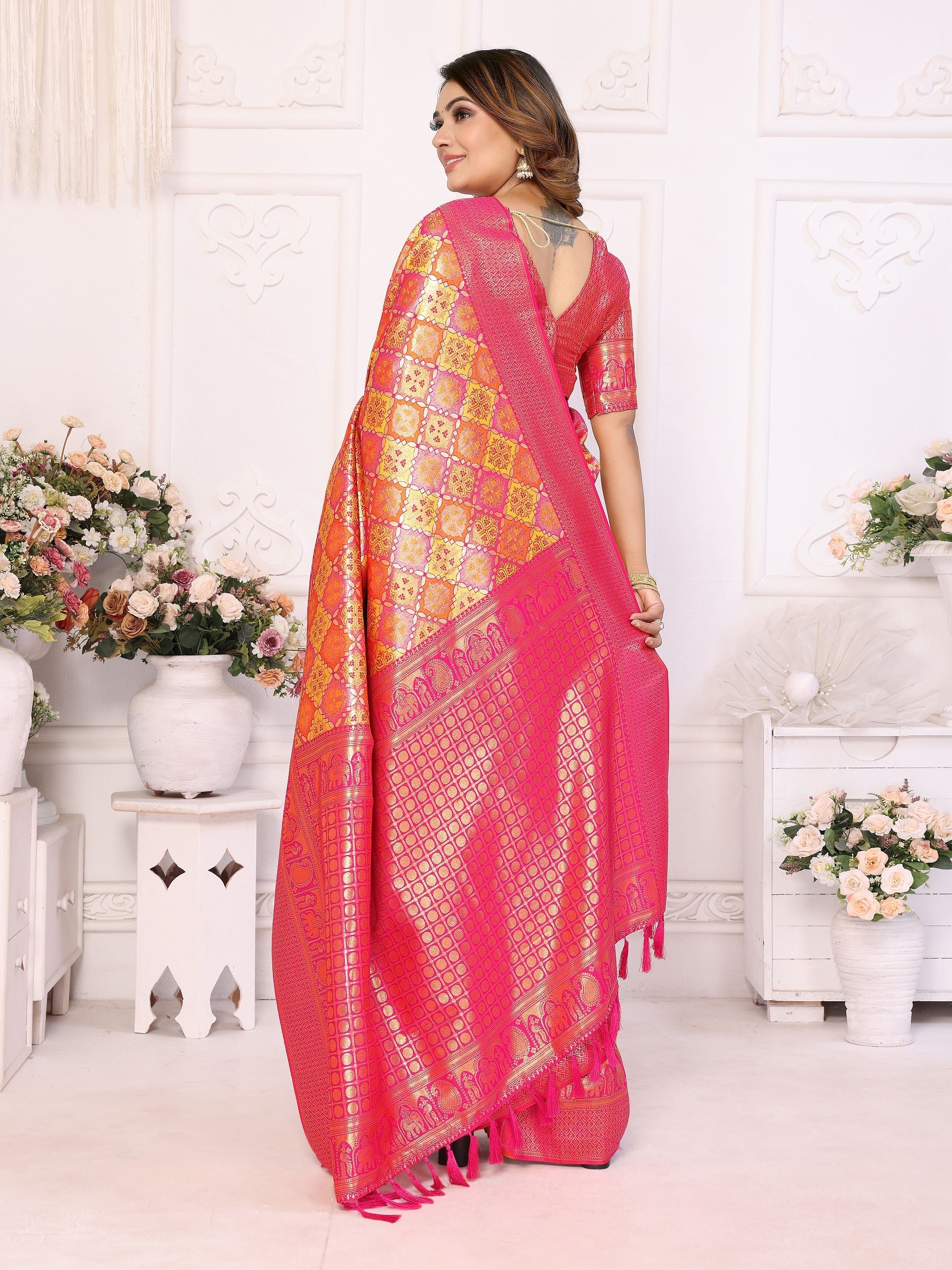 Vedant Vastram Soft Litchi Silk Kanjeevaram Silk Saree - Orange | Grocsy