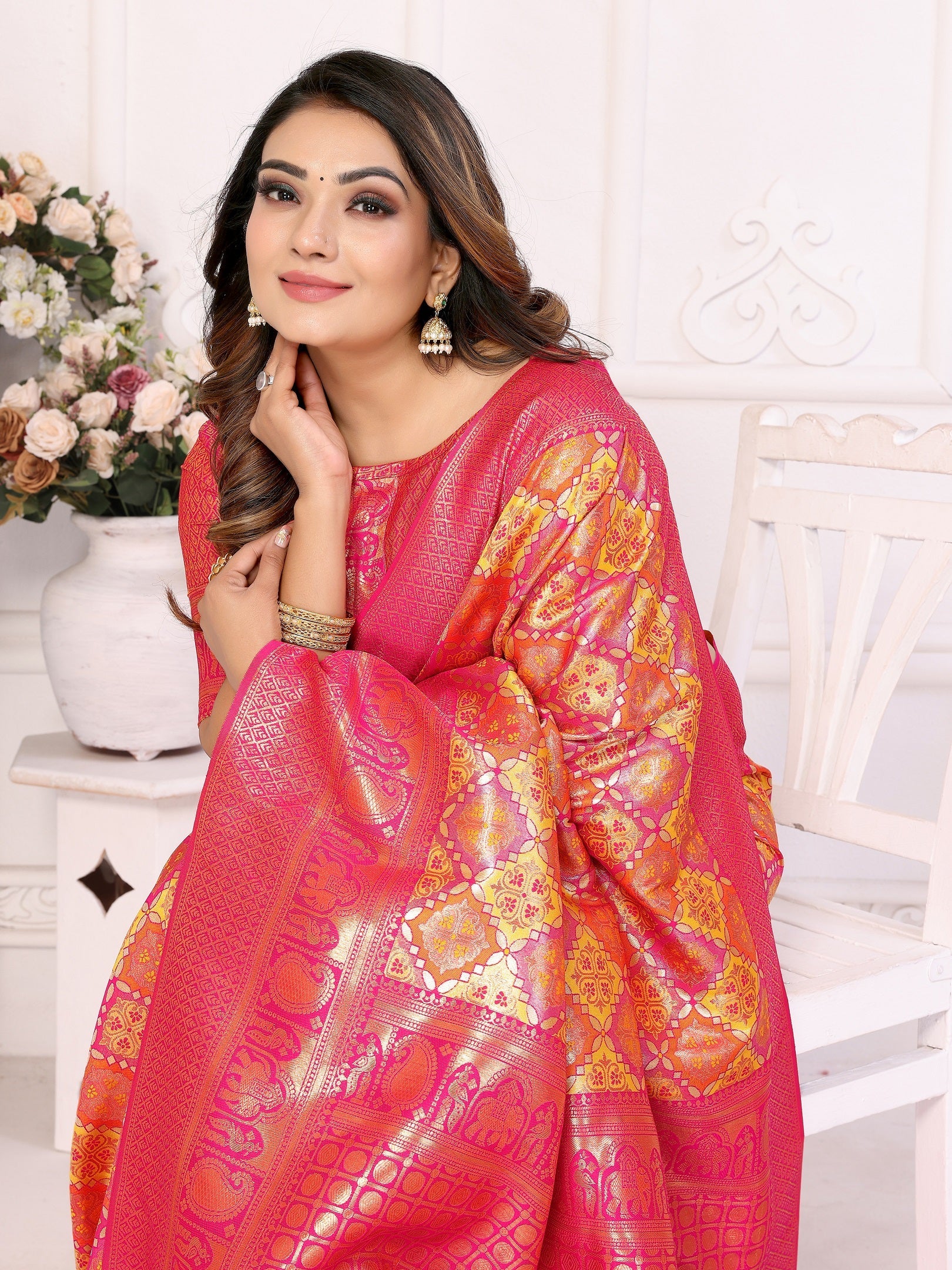 Vedant Vastram Soft Litchi Silk Kanjeevaram Silk Saree - Orange | Grocsy