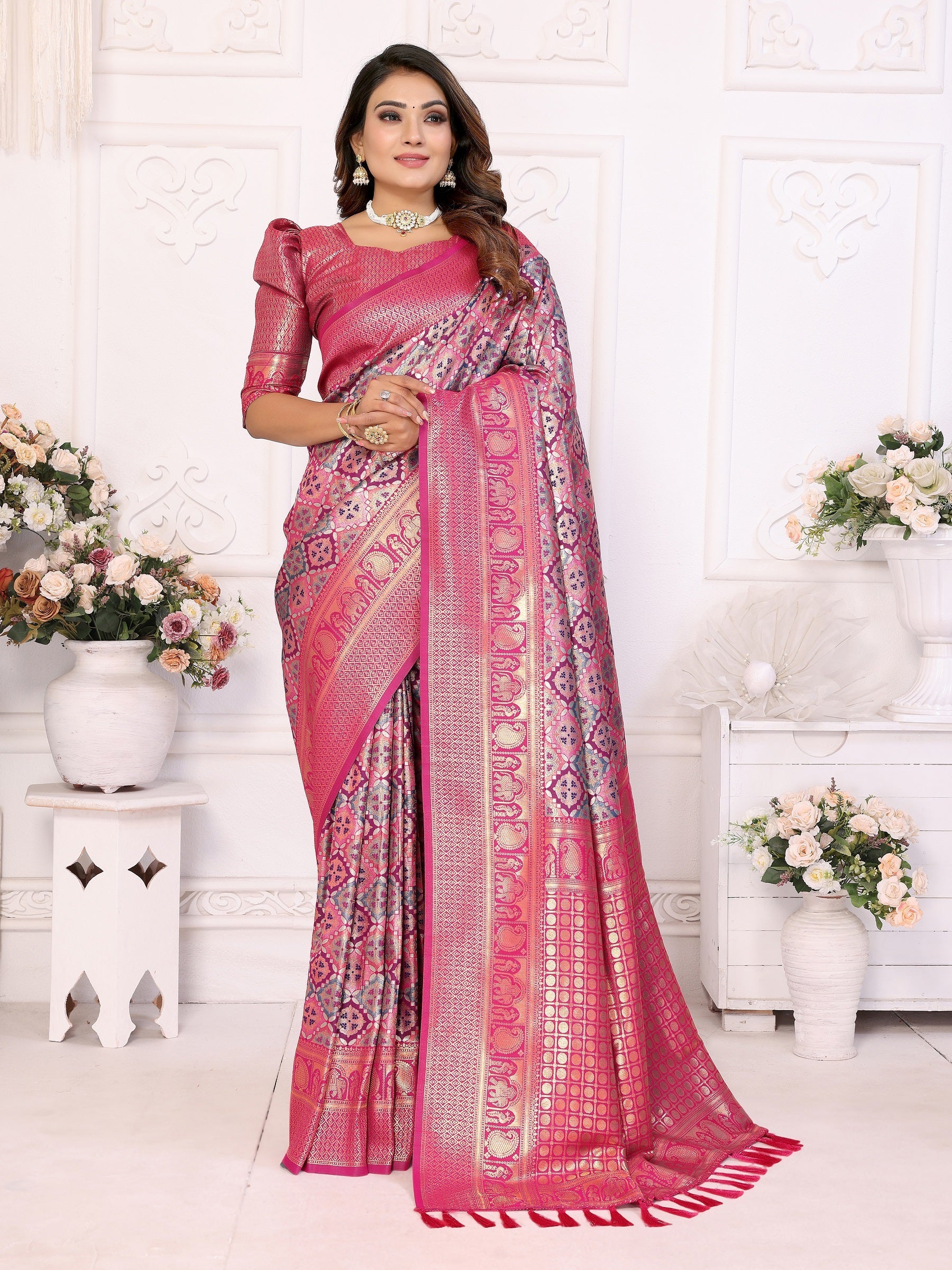 Vedant Vastram Soft Litchi Silk Kanjeevaram Silk Saree - Pink | Grocsy