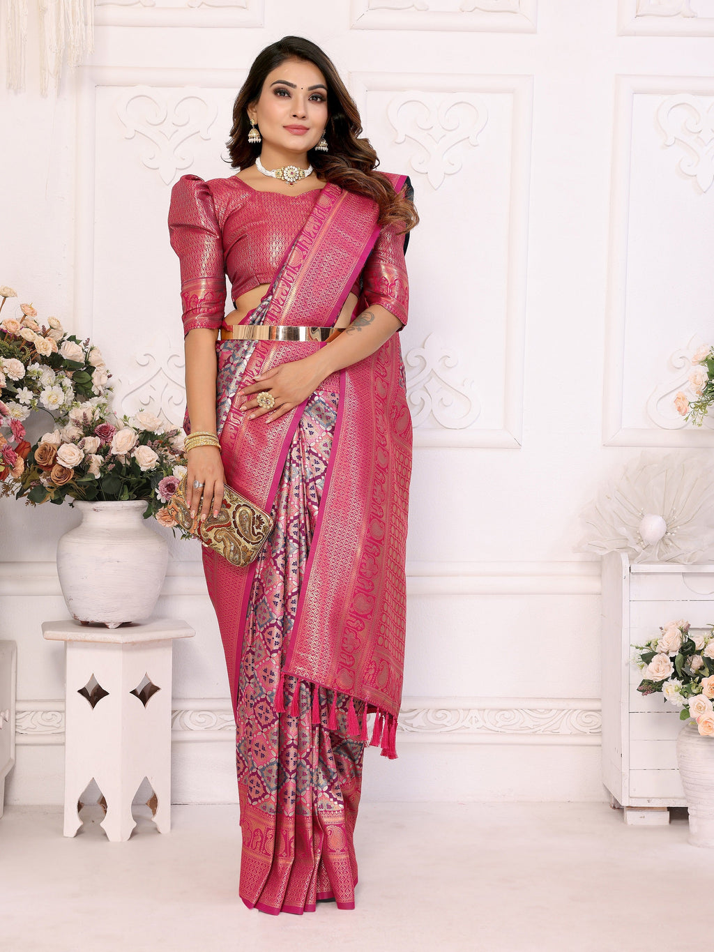 Vedant Vastram Soft Litchi Silk Kanjeevaram Silk Saree - Pink | Grocsy