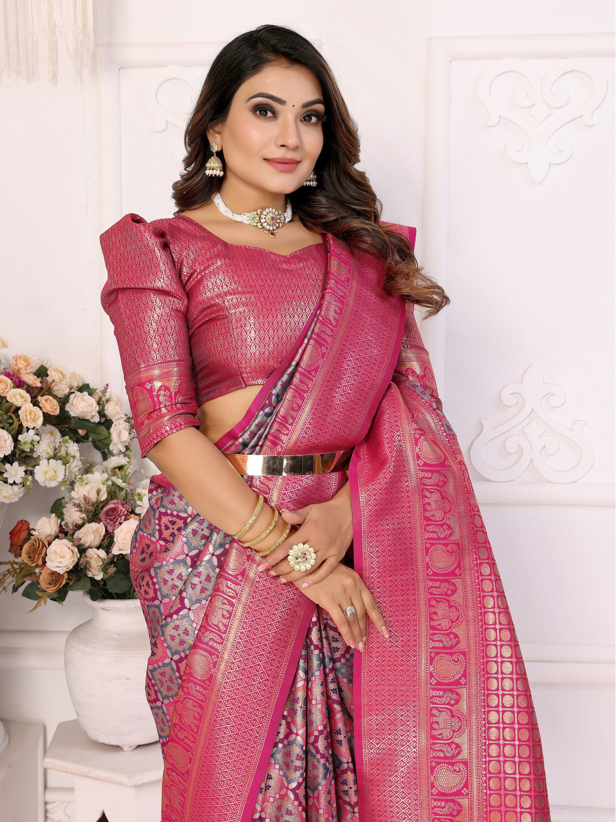 Vedant Vastram Soft Litchi Silk Kanjeevaram Silk Saree - Pink | Grocsy