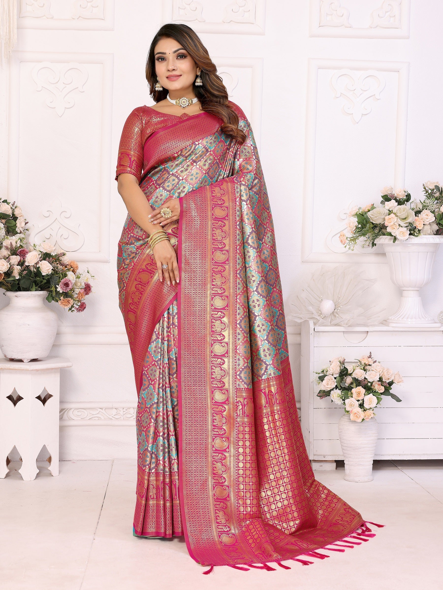 Vedant Vastram Soft Litchi Silk Kanjeevaram Silk Saree - Rama | Grocsy