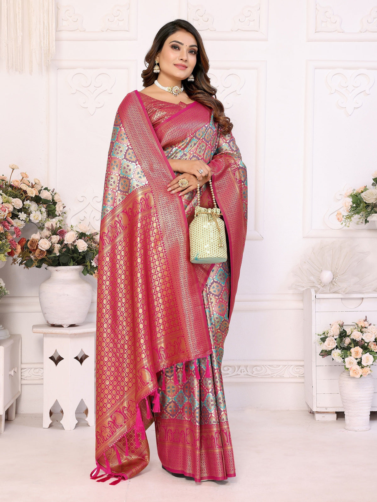 Vedant Vastram Soft Litchi Silk Kanjeevaram Silk Saree - Rama | Grocsy