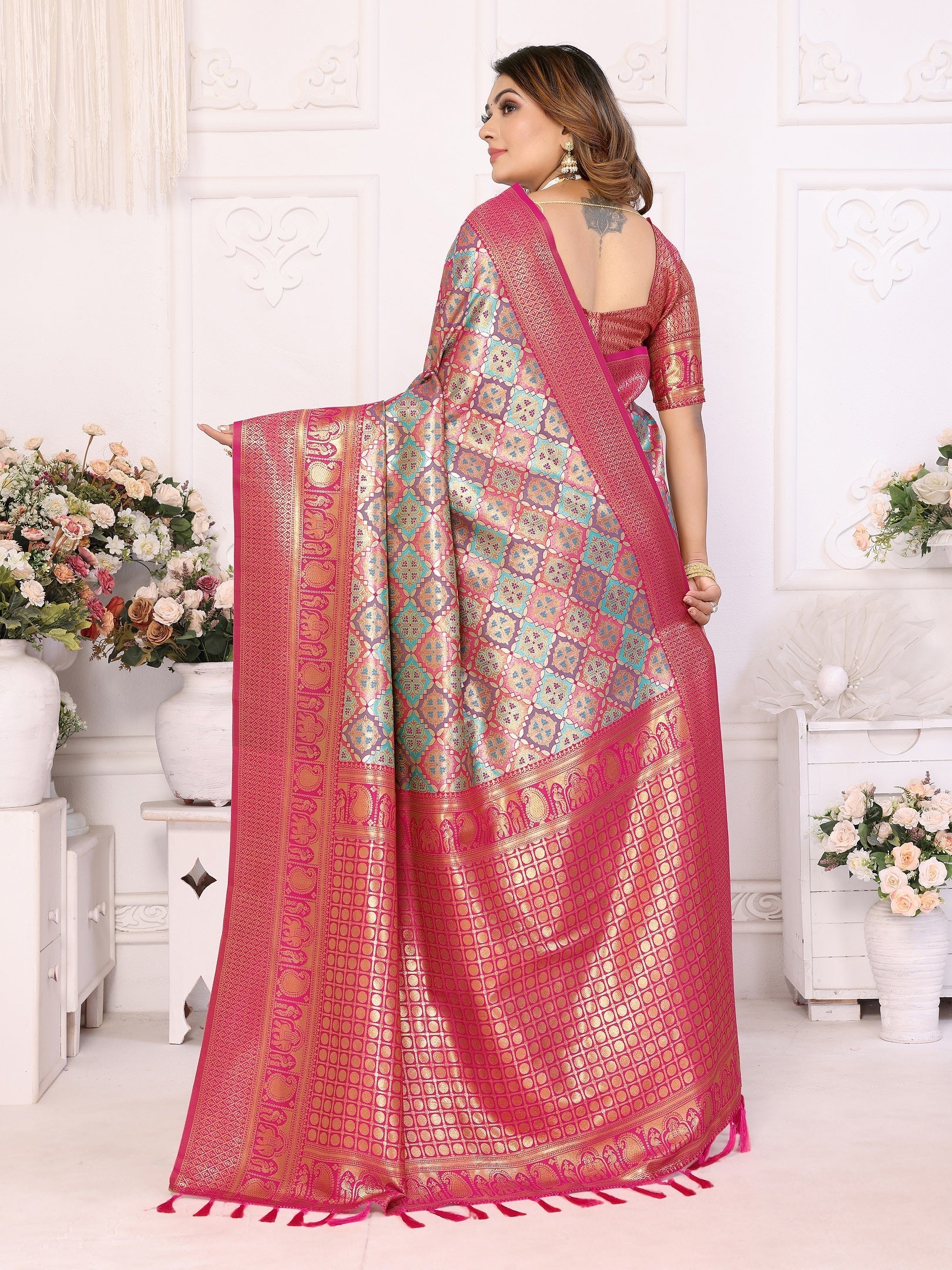 Vedant Vastram Soft Litchi Silk Kanjeevaram Silk Saree - Rama | Grocsy