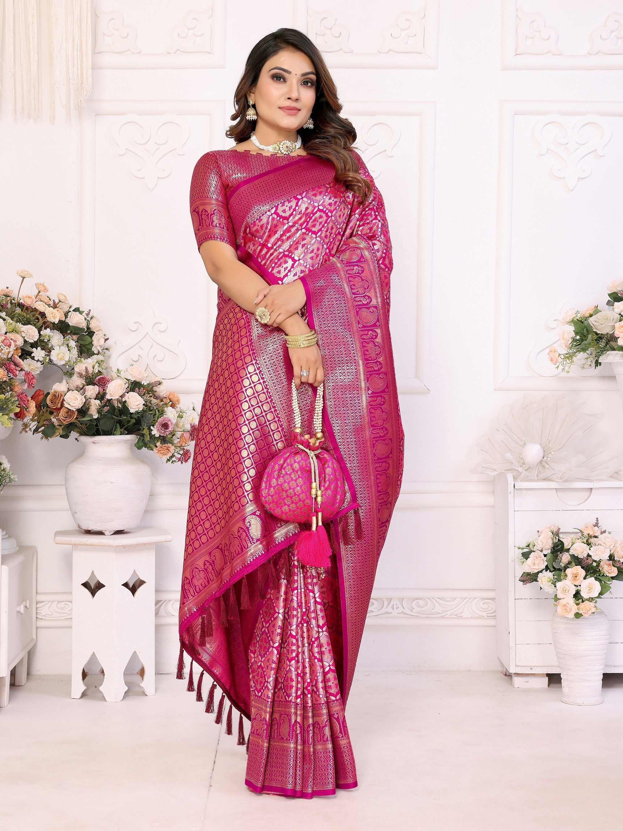 Vedant Vastram Soft Litchi Silk Kanjeevaram Silk Saree - Rani | Grocsy