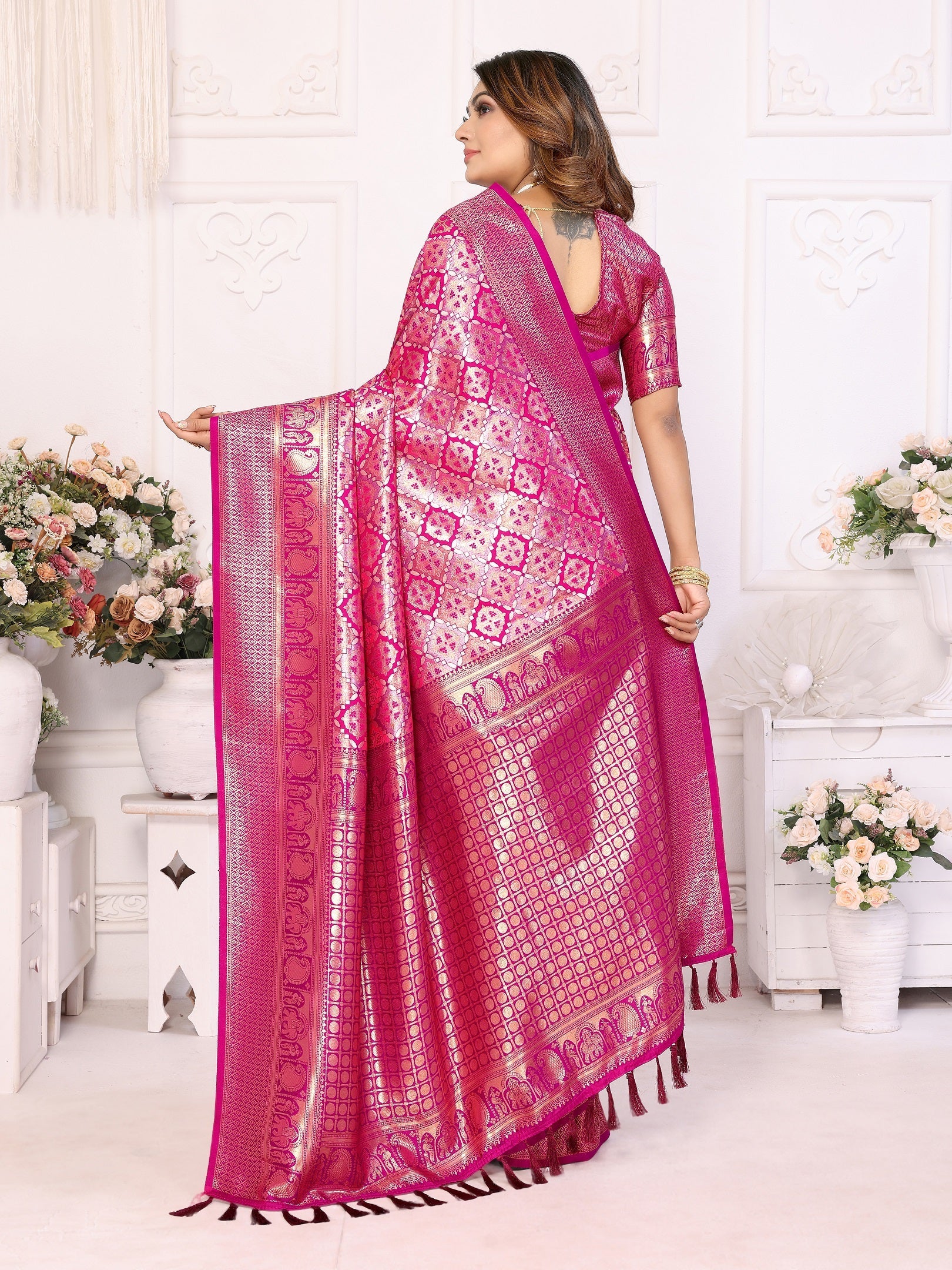 Vedant Vastram Soft Litchi Silk Kanjeevaram Silk Saree - Rani | Grocsy