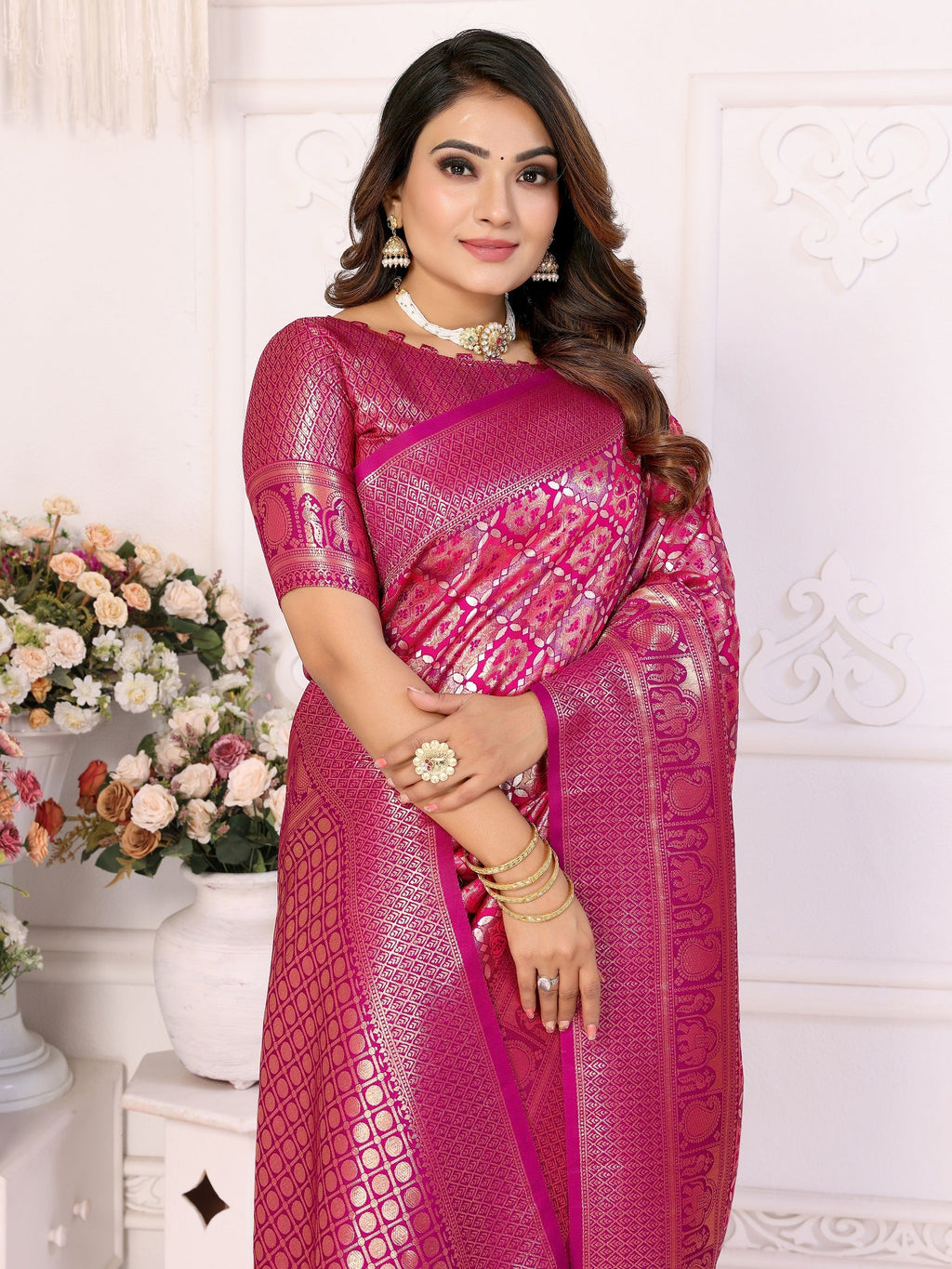 Vedant Vastram Soft Litchi Silk Kanjeevaram Silk Saree - Rani | Grocsy