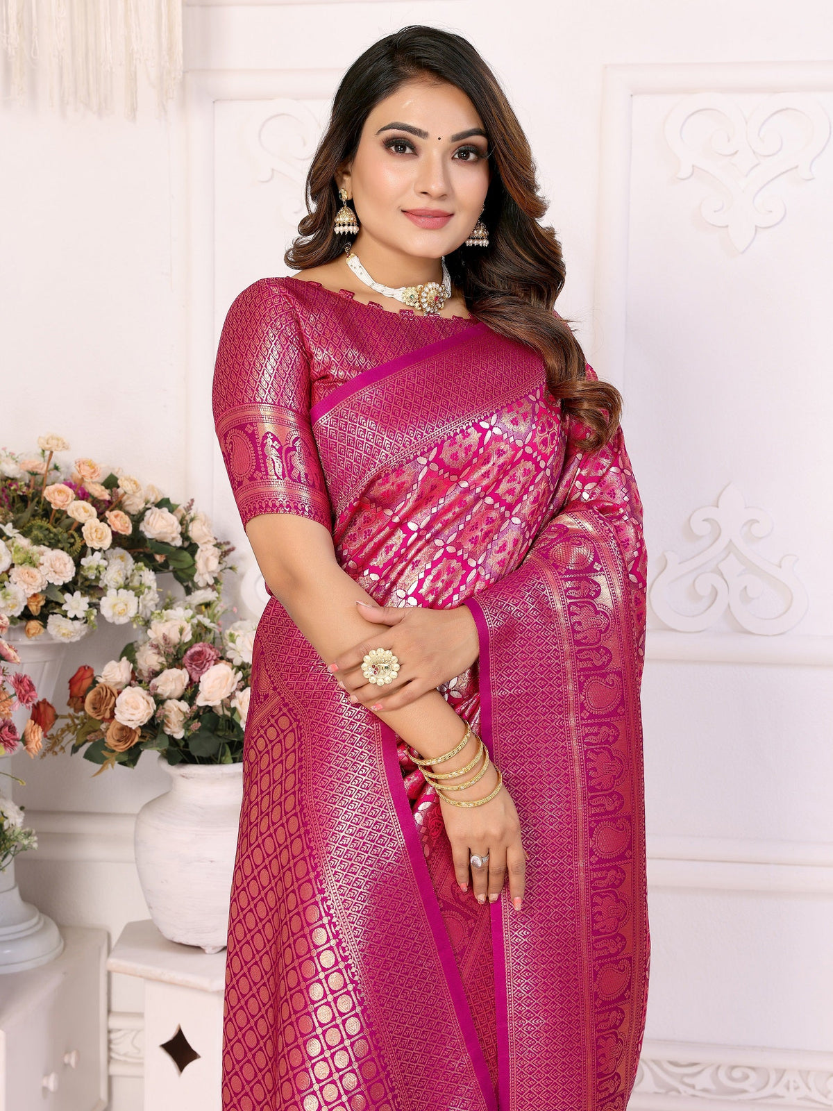Vedant Vastram Soft Litchi Silk Kanjeevaram Silk Saree - Rani | Grocsy