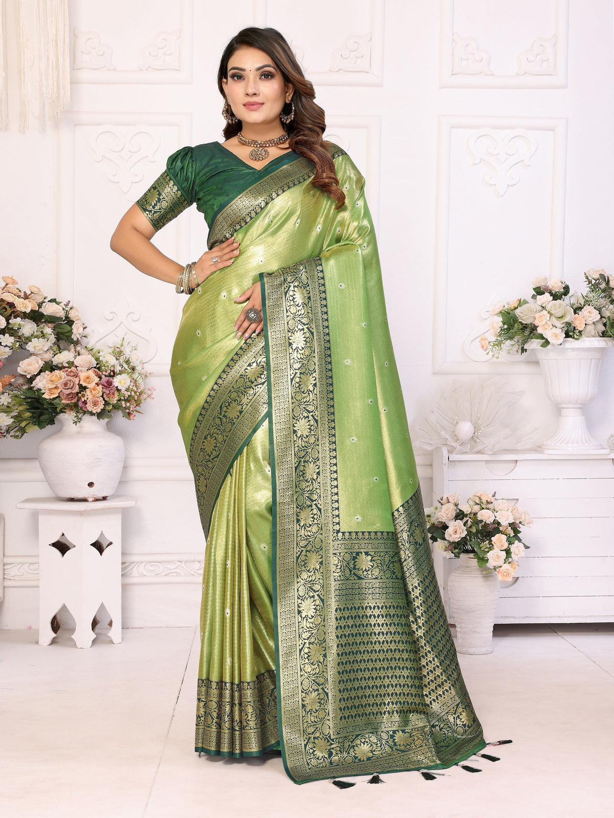 Vedant Vastram Tissue Silk Kanjeevaram Silk Saree - Mahendi | Grocsy