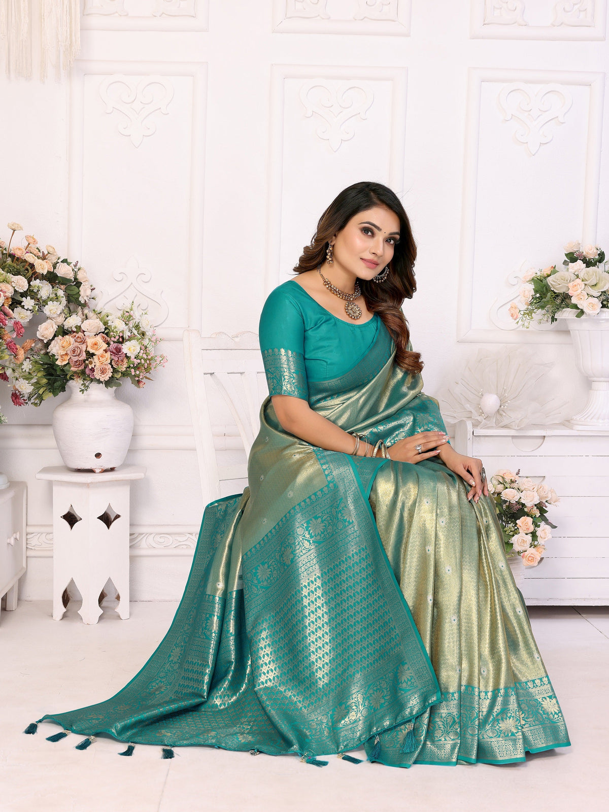 Vedant Vastram Tissue Silk Kanjeevaram Silk Saree - Rama | Grocsy