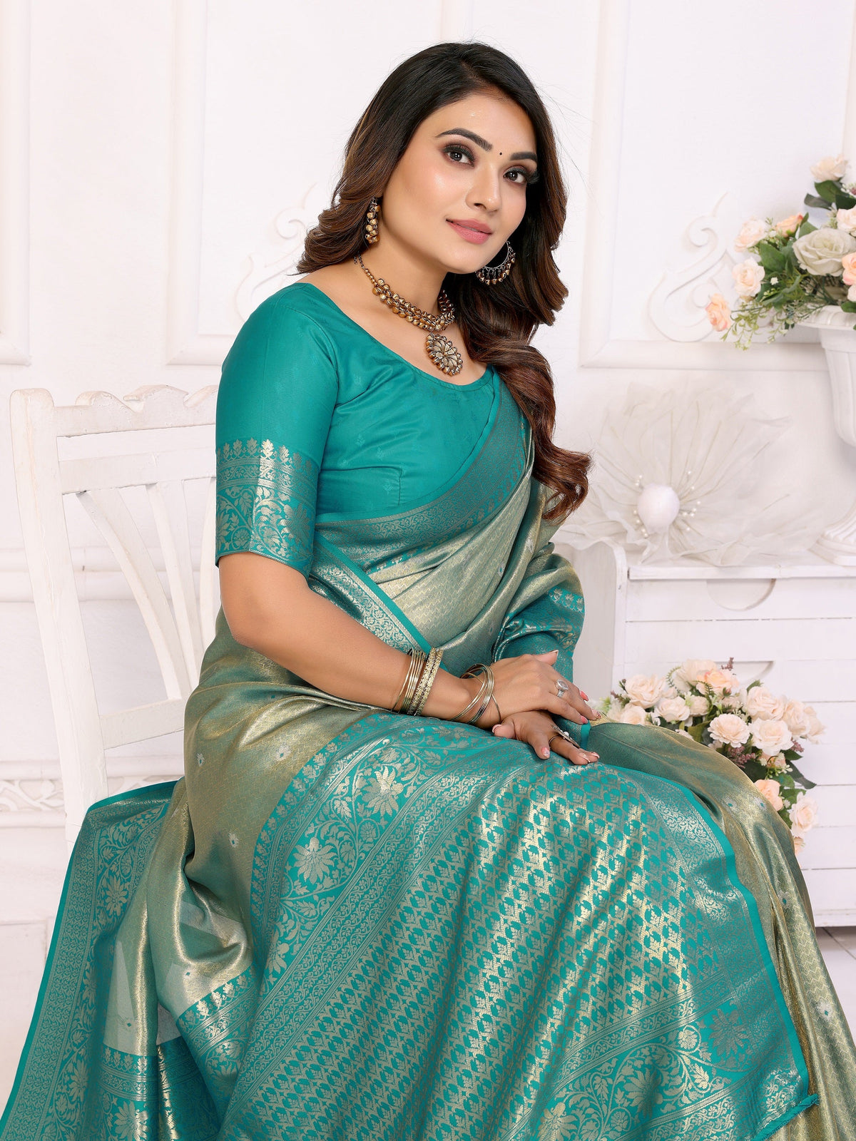 Vedant Vastram Tissue Silk Kanjeevaram Silk Saree - Rama | Grocsy