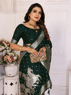 Vedant Vastram Soft Litchi Silk Banarasi Silk Saree - Green | Grocsy