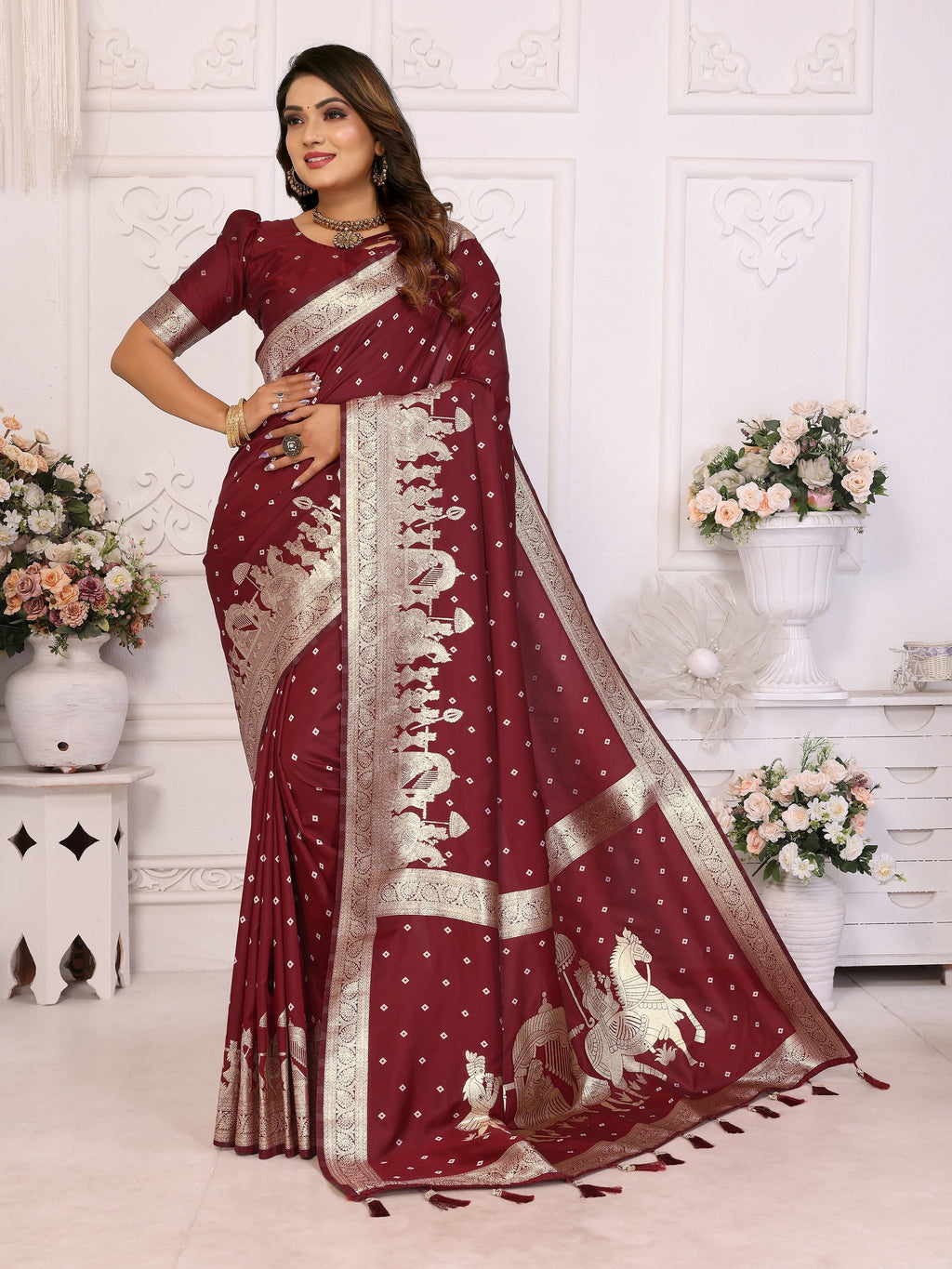 Vedant Vastram Soft Litchi Silk Banarasi Silk Saree - Maroon | Grocsy
