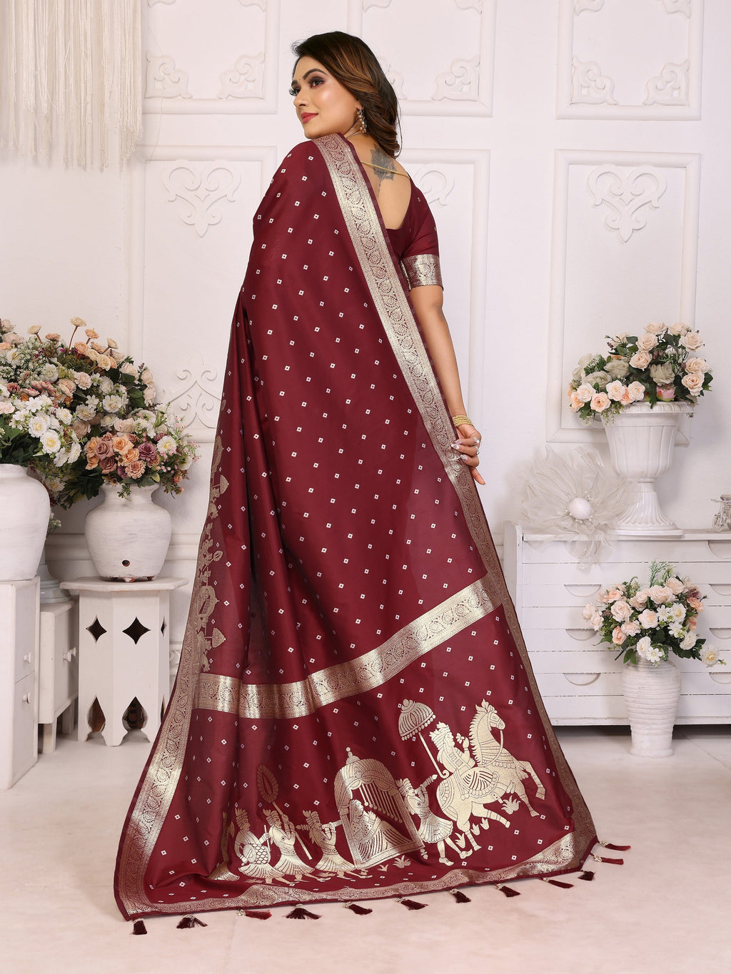 Vedant Vastram Soft Litchi Silk Banarasi Silk Saree - Maroon | Grocsy