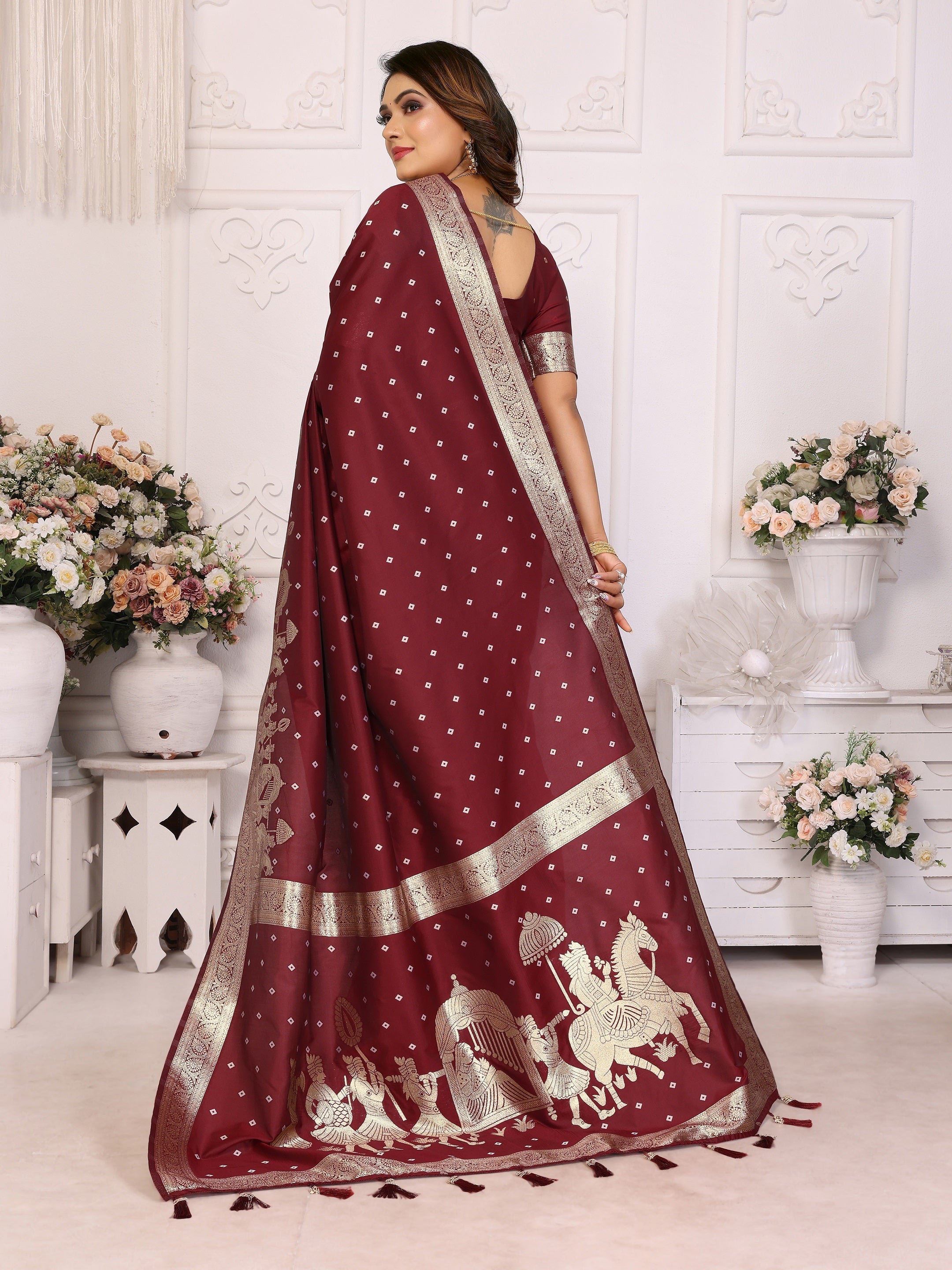 Vedant Vastram Soft Litchi Silk Banarasi Silk Saree - Maroon | Grocsy