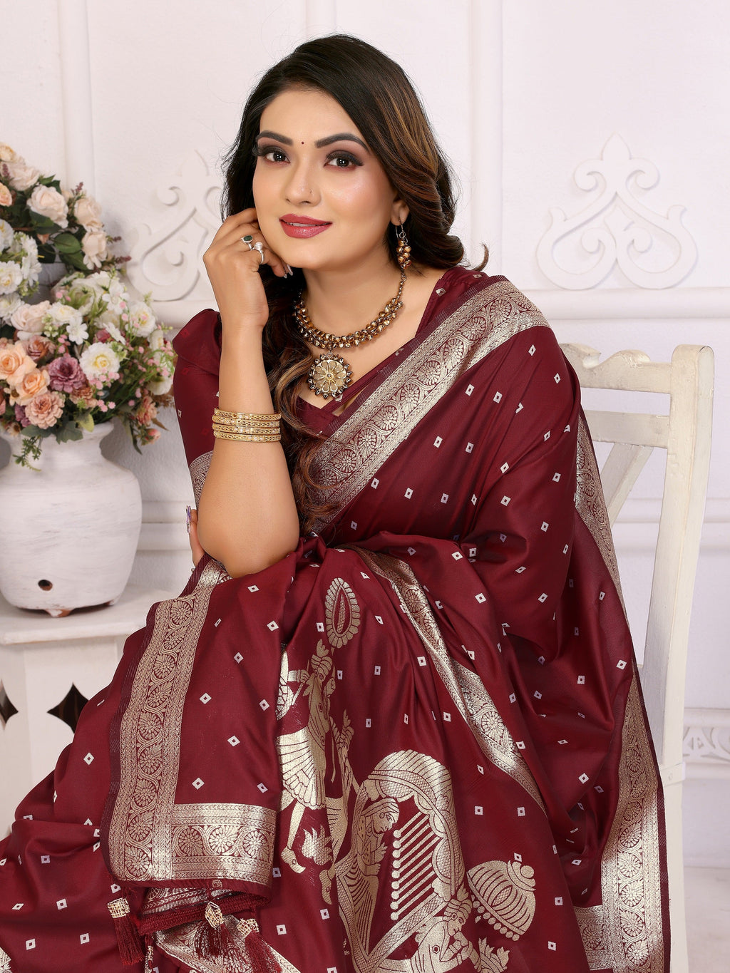Vedant Vastram Soft Litchi Silk Banarasi Silk Saree - Maroon | Grocsy