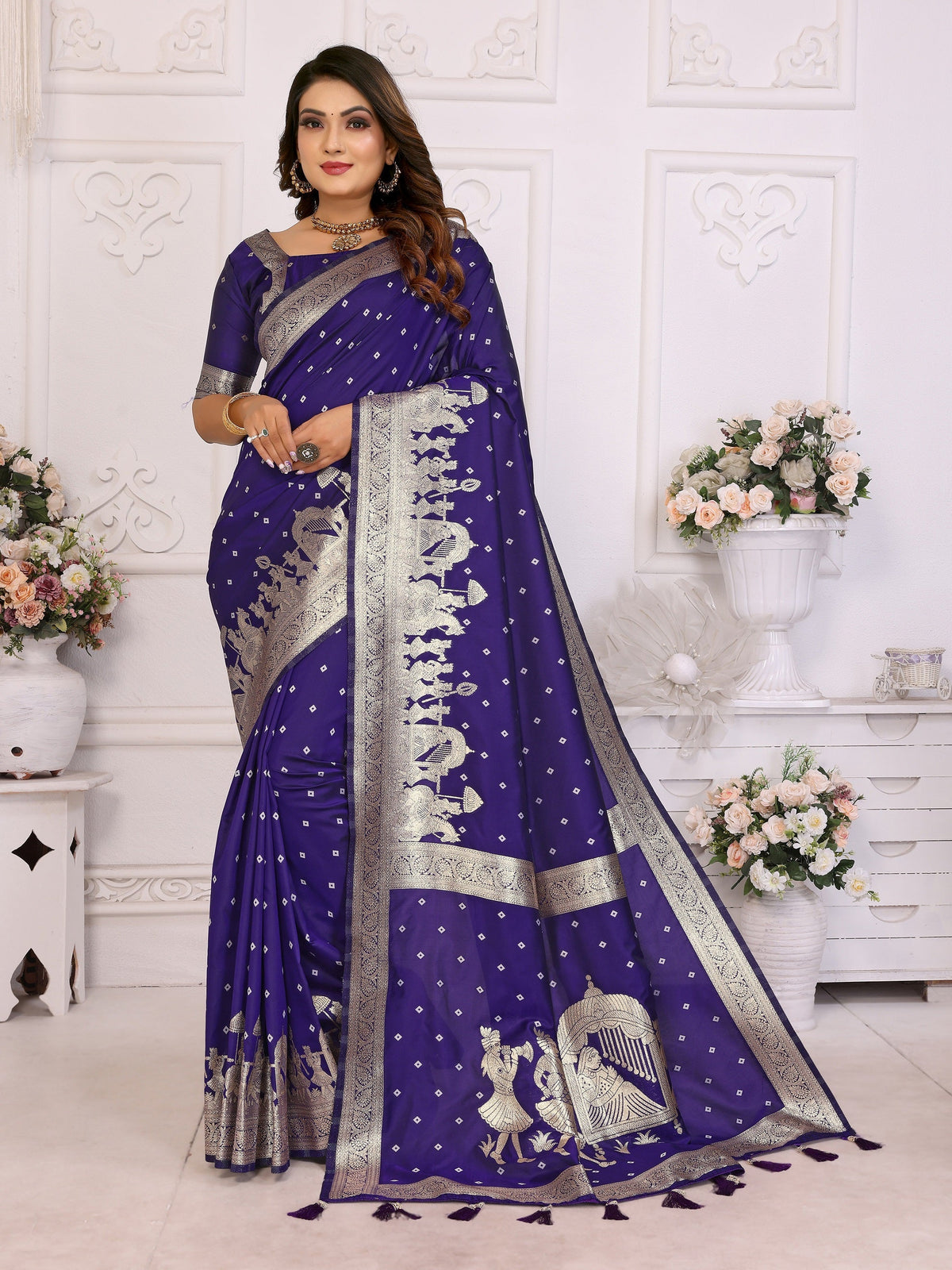 Vedant Vastram Soft Litchi Silk Banarasi Silk Saree - Navy | Grocsy