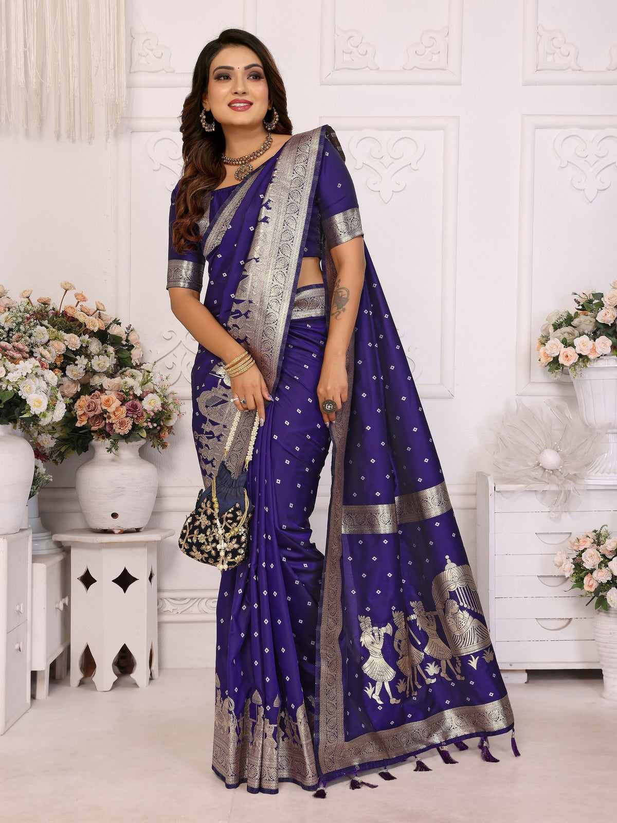 Vedant Vastram Soft Litchi Silk Banarasi Silk Saree - Navy | Grocsy