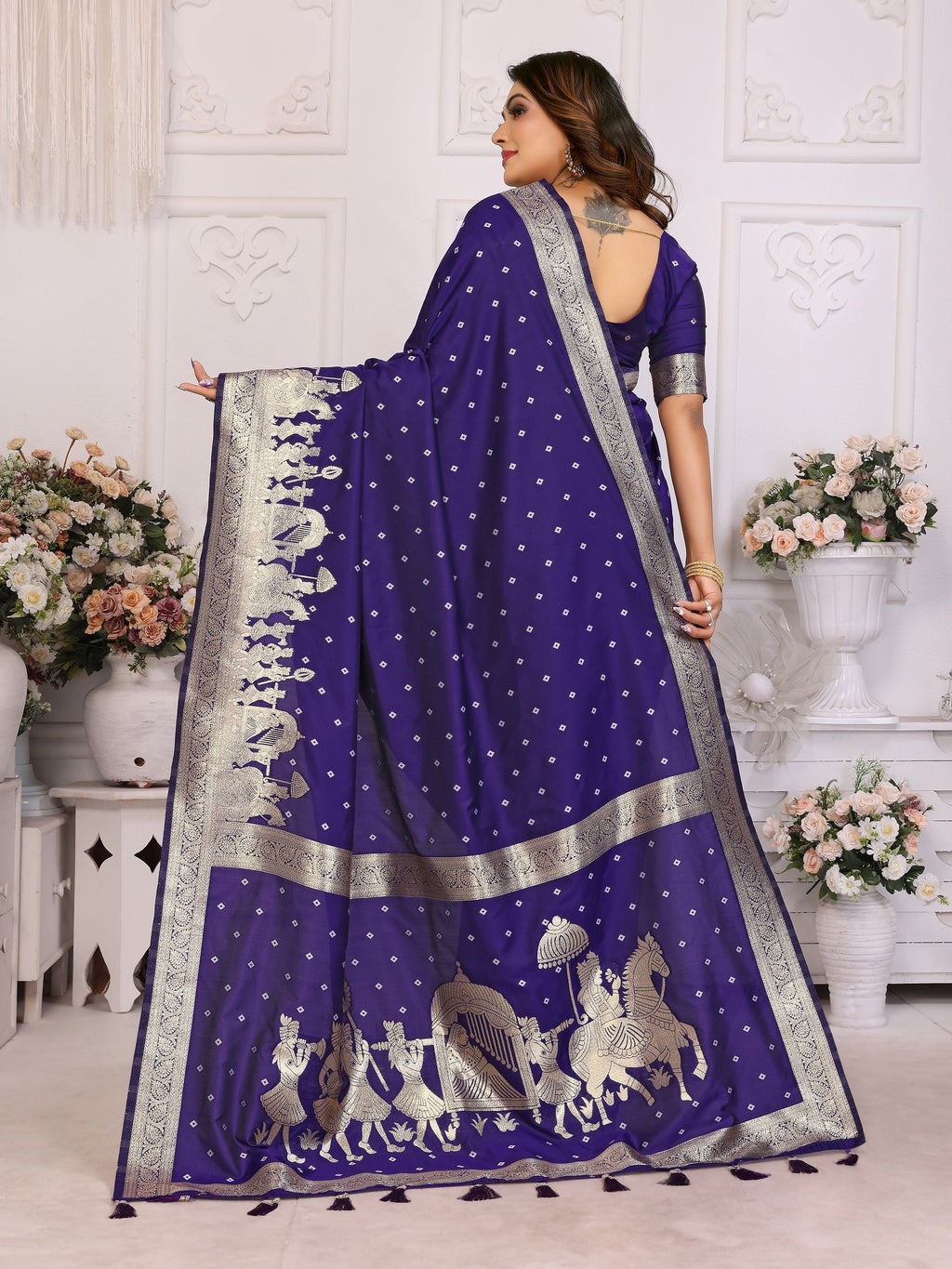 Vedant Vastram Soft Litchi Silk Banarasi Silk Saree - Navy | Grocsy