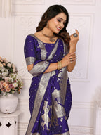 Vedant Vastram Soft Litchi Silk Banarasi Silk Saree - Navy | Grocsy
