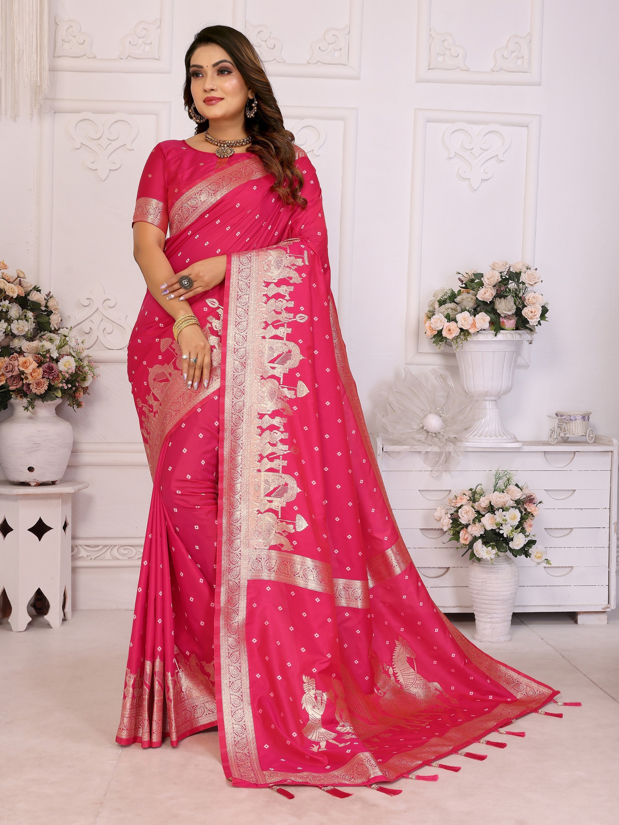 Vedant Vastram Soft Litchi Silk Banarasi Silk Saree - Rani | Grocsy
