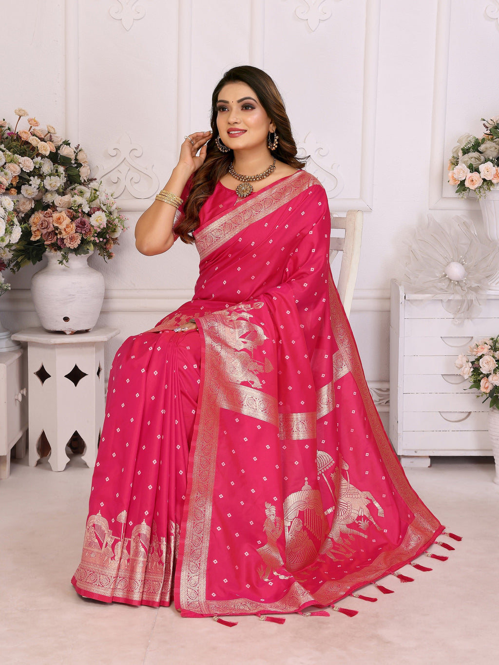 Vedant Vastram Soft Litchi Silk Banarasi Silk Saree - Rani | Grocsy