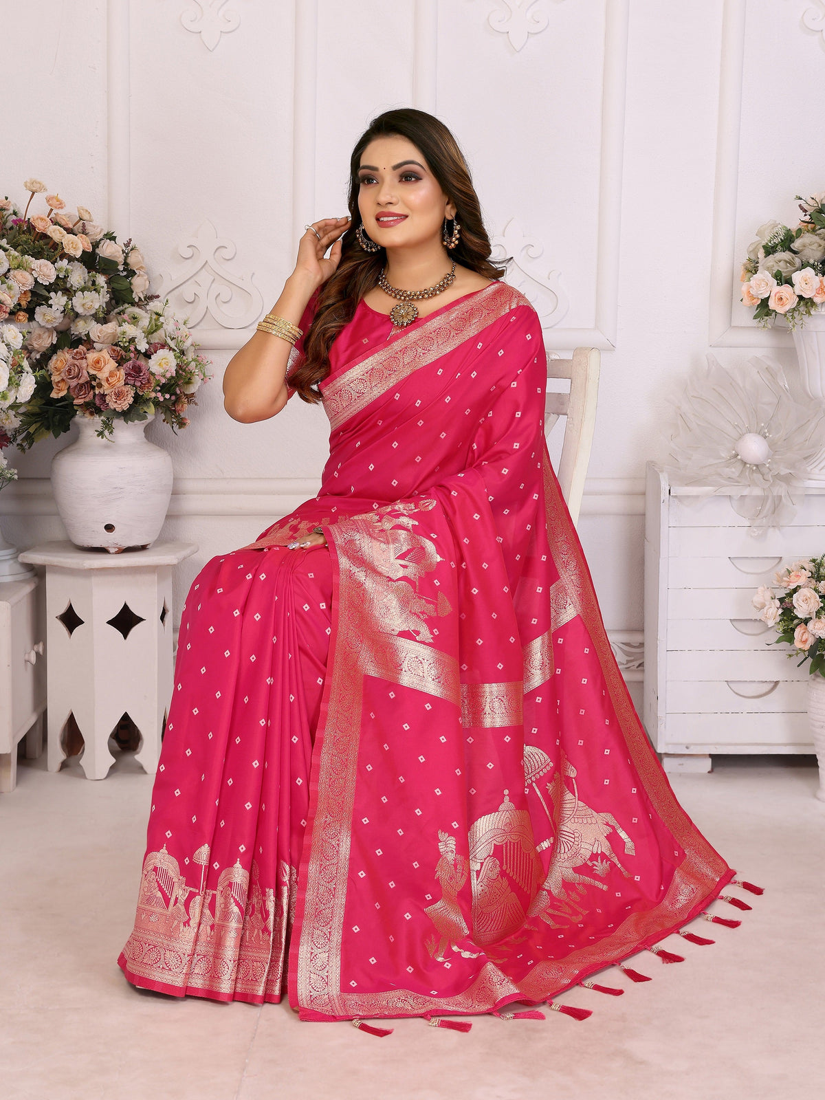 Vedant Vastram Soft Litchi Silk Banarasi Silk Saree - Rani | Grocsy