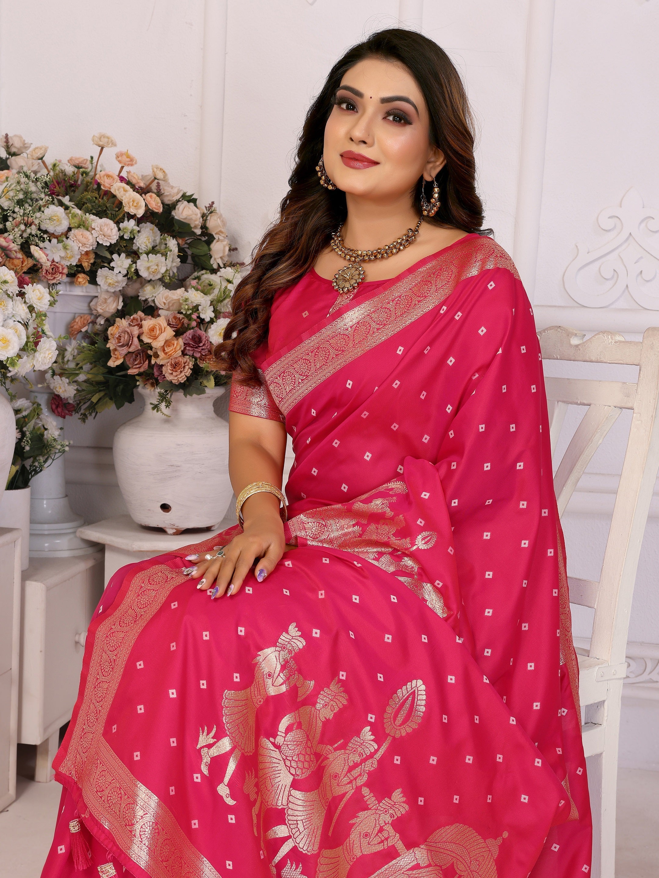 Vedant Vastram Soft Litchi Silk Banarasi Silk Saree - Rani | Grocsy