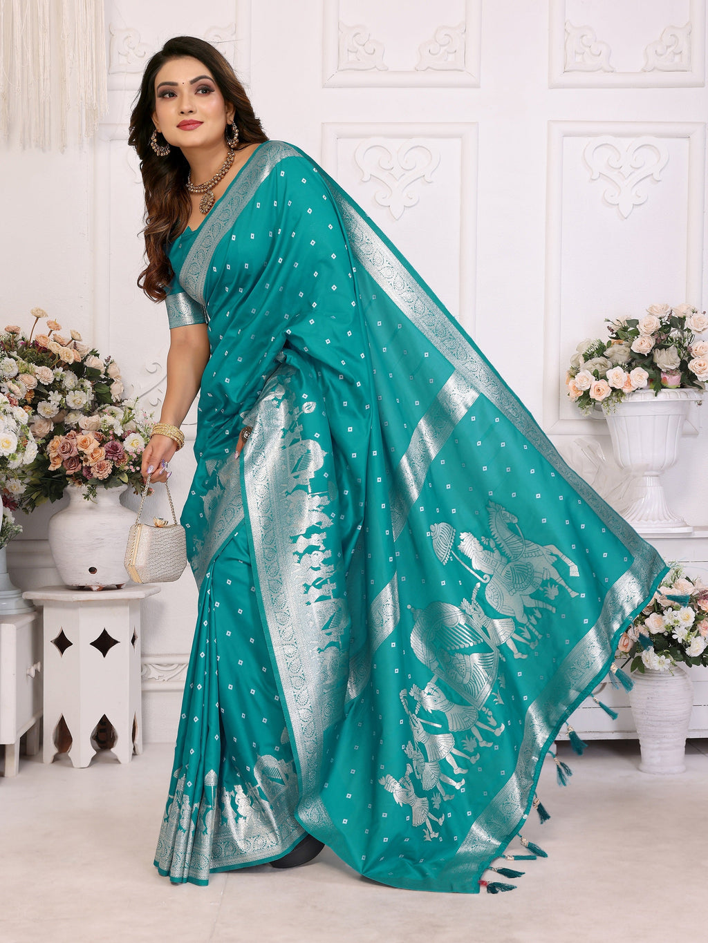 Vedant Vastram Soft Litchi Silk Banarasi Silk Saree - Turquoise | Grocsy