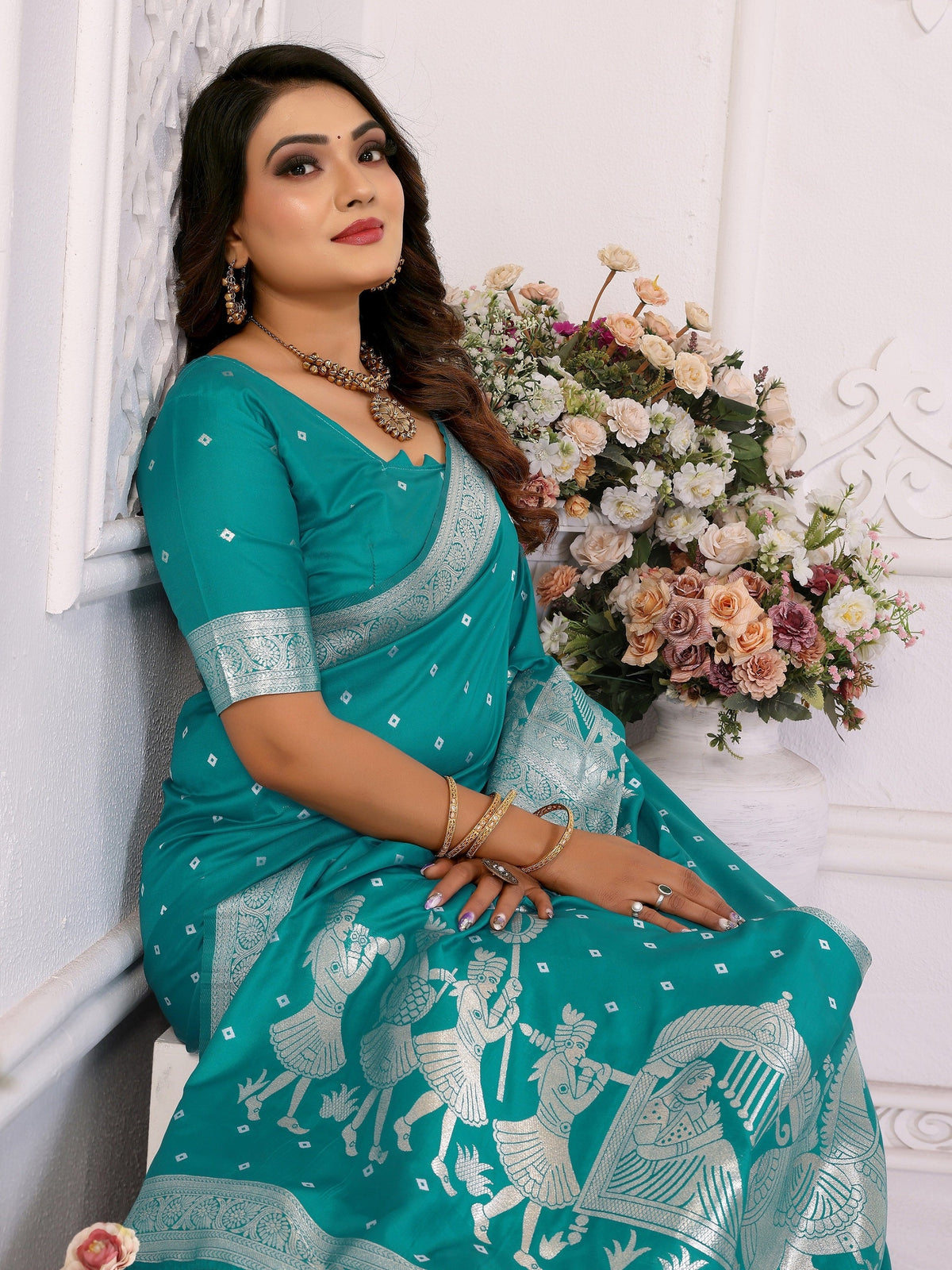 Vedant Vastram Soft Litchi Silk Banarasi Silk Saree - Turquoise | Grocsy
