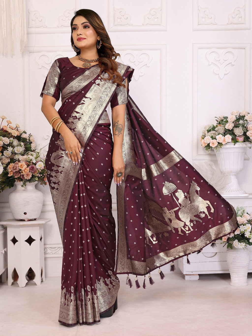 Vedant Vastram Soft Litchi Silk Banarasi Silk Saree - Wine | Grocsy