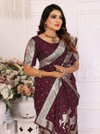 Vedant Vastram Soft Litchi Silk Banarasi Silk Saree - Wine | Grocsy