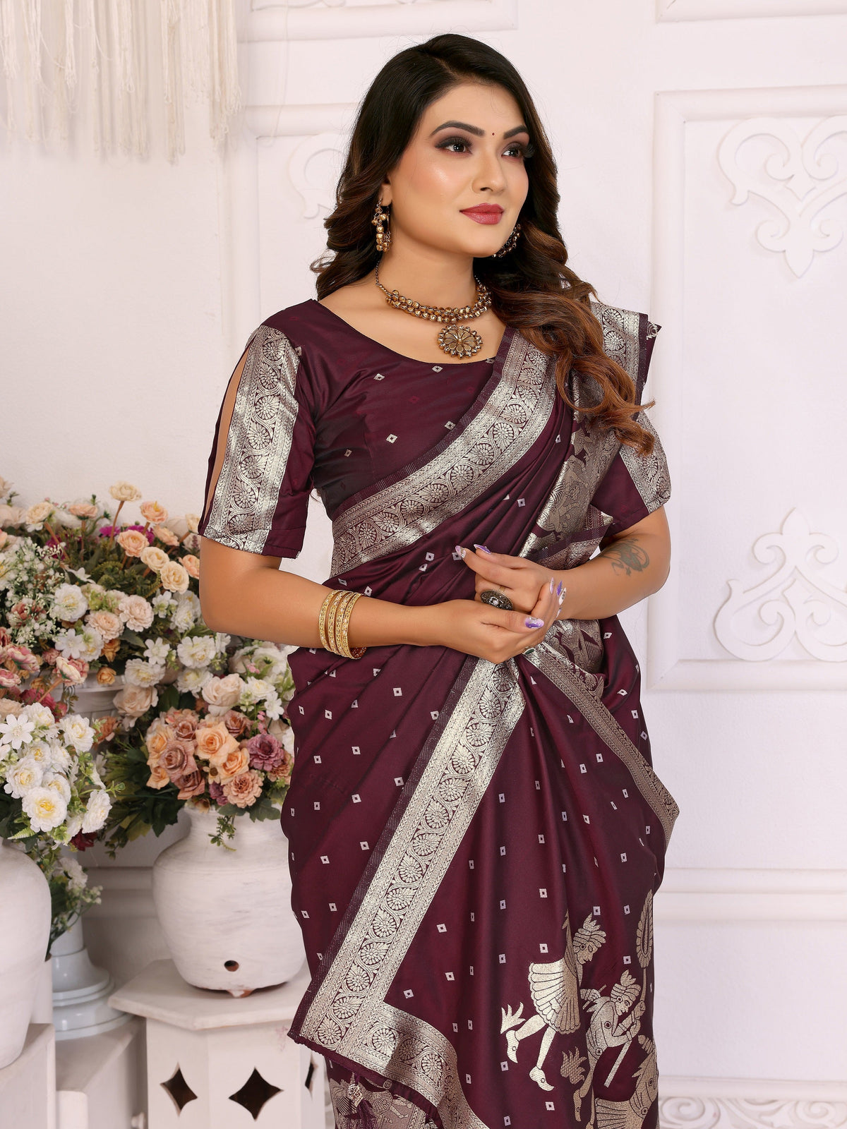 Vedant Vastram Soft Litchi Silk Banarasi Silk Saree - Wine | Grocsy