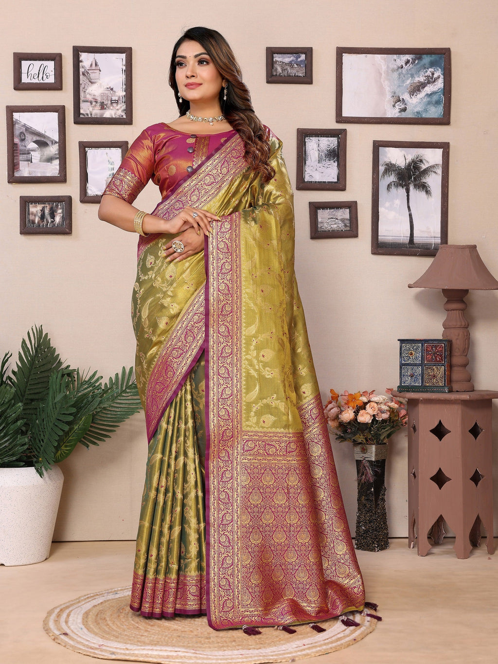 Vedant Vastram Tissue Silk Kanjeevaram Silk Saree - Dark-Olive | Grocsy