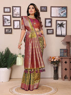 Vedant Vastram Tissue Silk Kanjeevaram Silk Saree - Dark-Olive | Grocsy