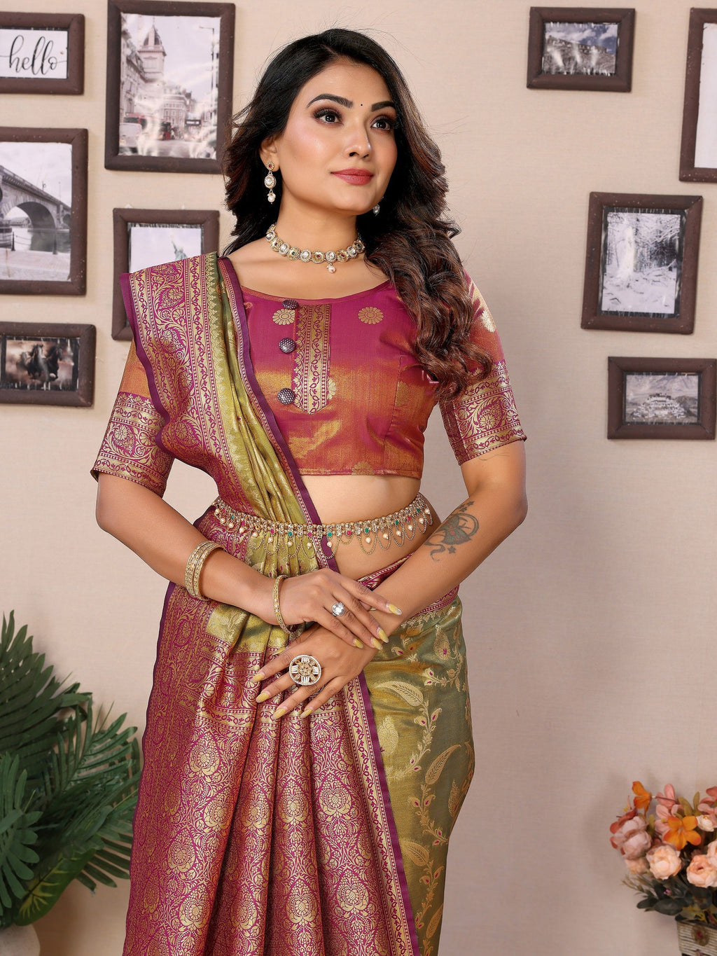 Vedant Vastram Tissue Silk Kanjeevaram Silk Saree - Dark-Olive | Grocsy