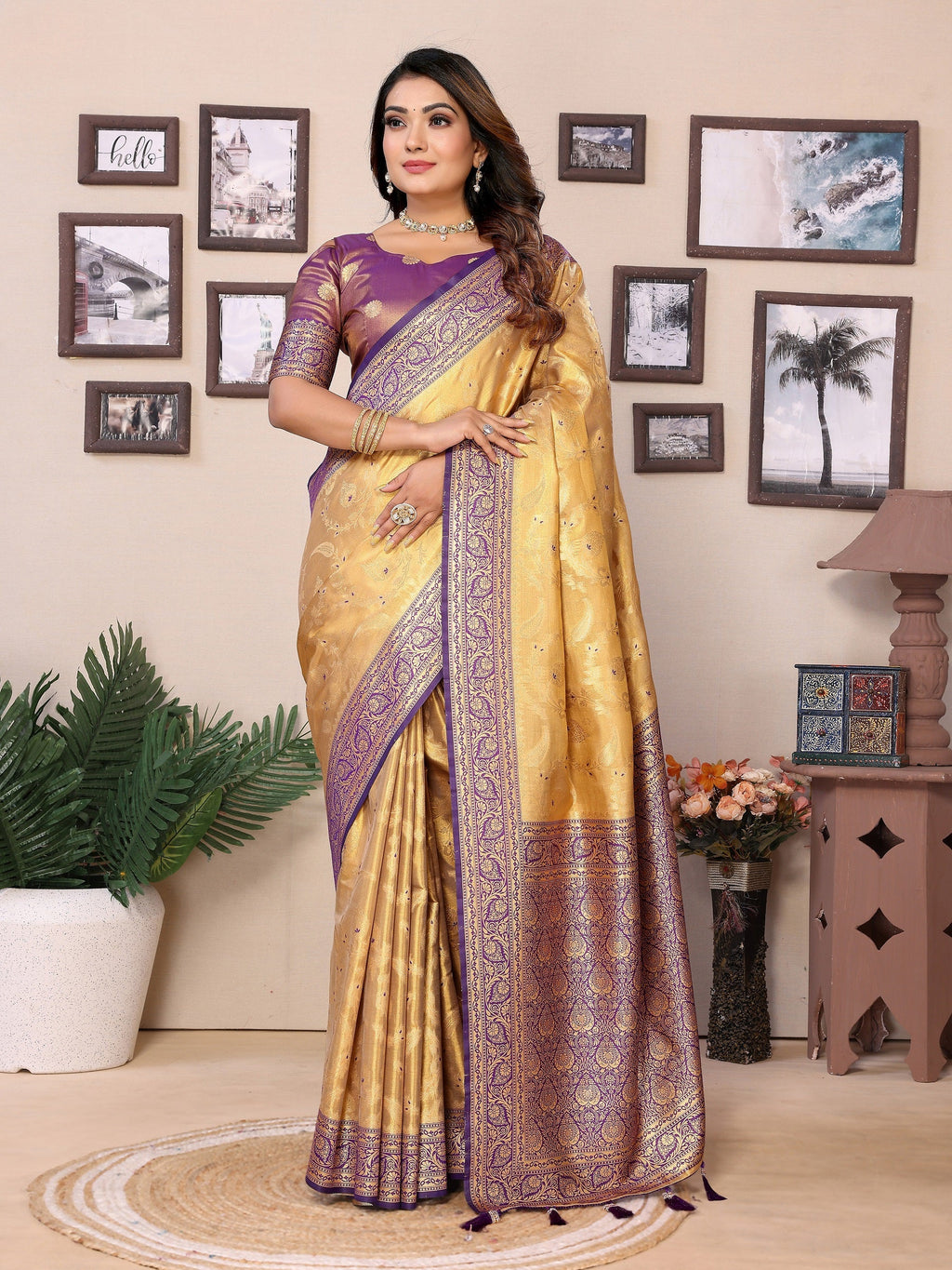 Vedant Vastram Tissue Silk Kanjeevaram Silk Saree - Gold | Grocsy