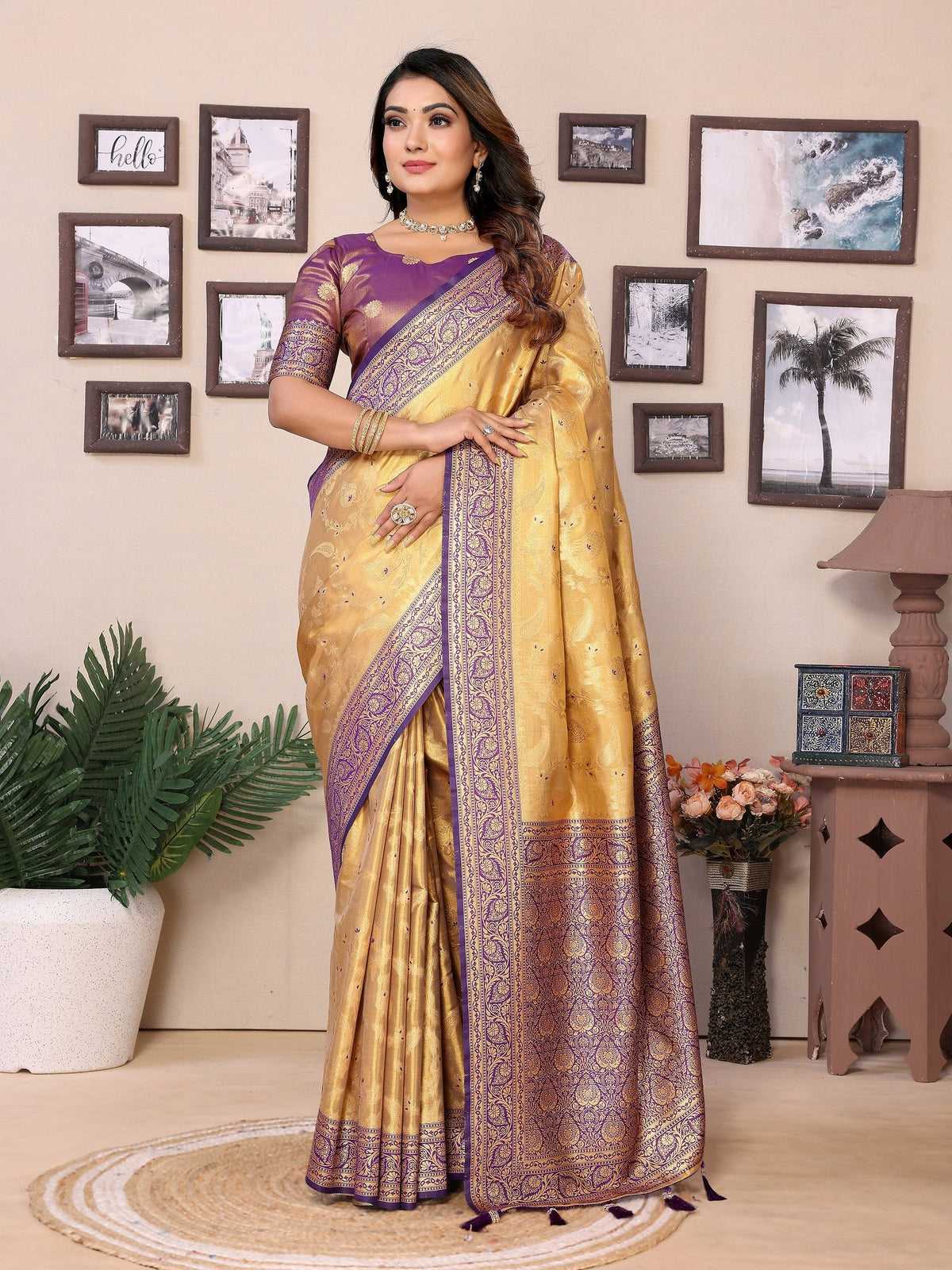 Vedant Vastram Tissue Silk Kanjeevaram Silk Saree - Gold | Grocsy