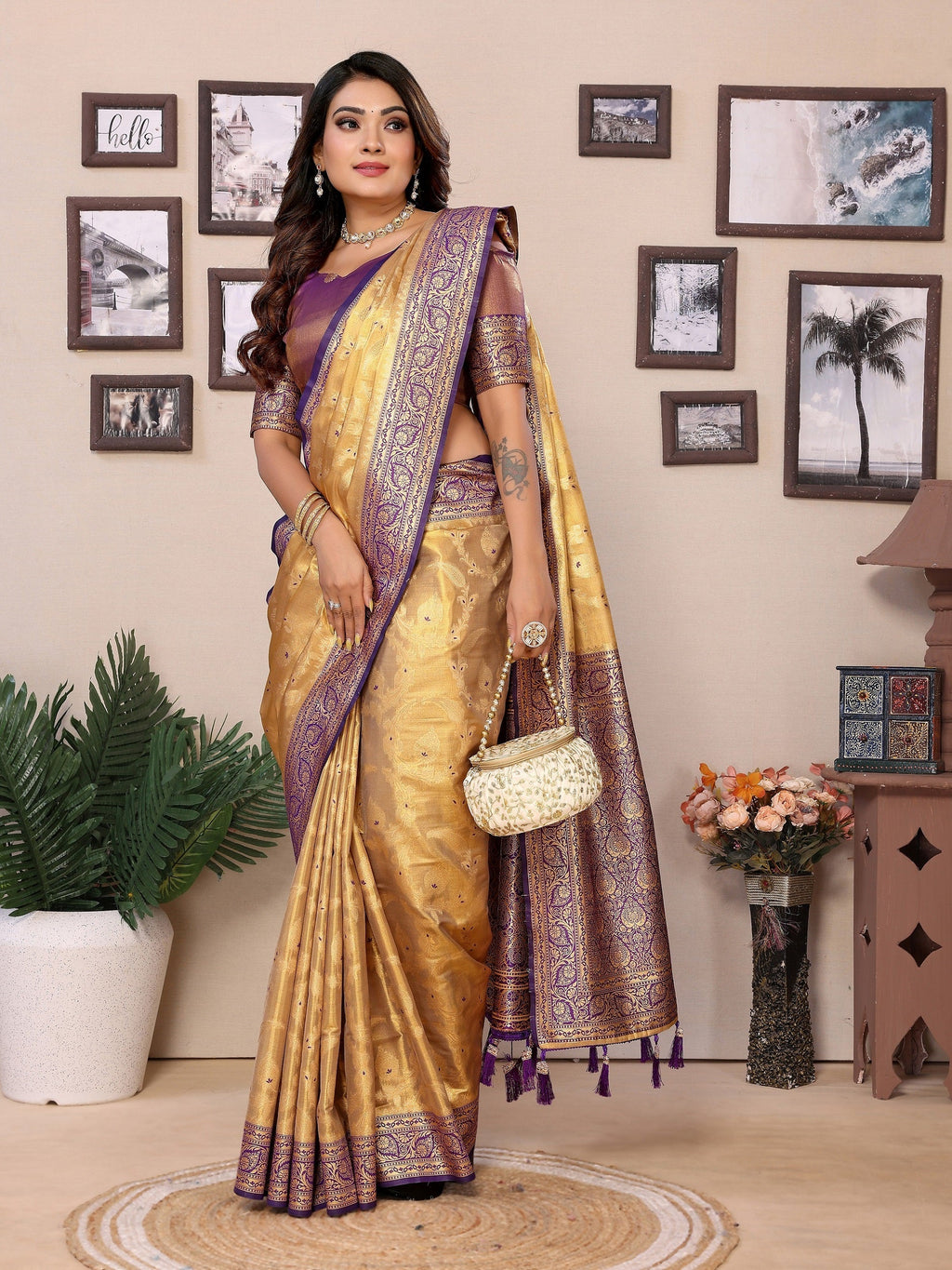 Vedant Vastram Tissue Silk Kanjeevaram Silk Saree - Gold | Grocsy