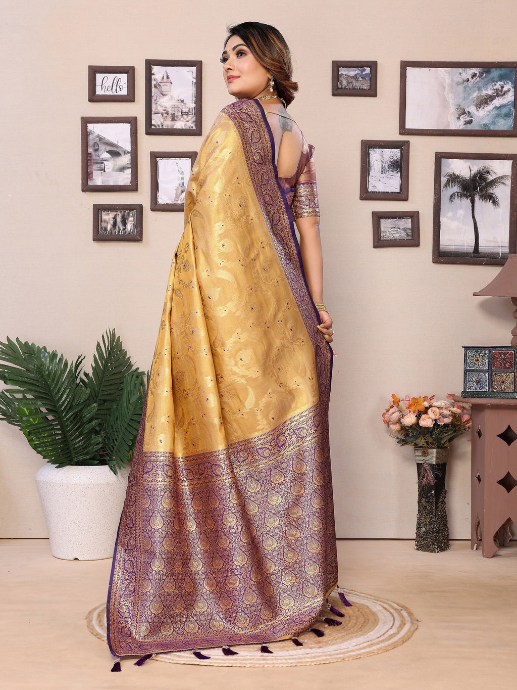 Vedant Vastram Tissue Silk Kanjeevaram Silk Saree - Gold | Grocsy