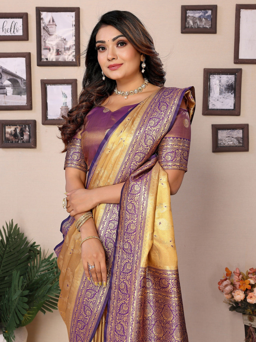 Vedant Vastram Tissue Silk Kanjeevaram Silk Saree - Gold | Grocsy