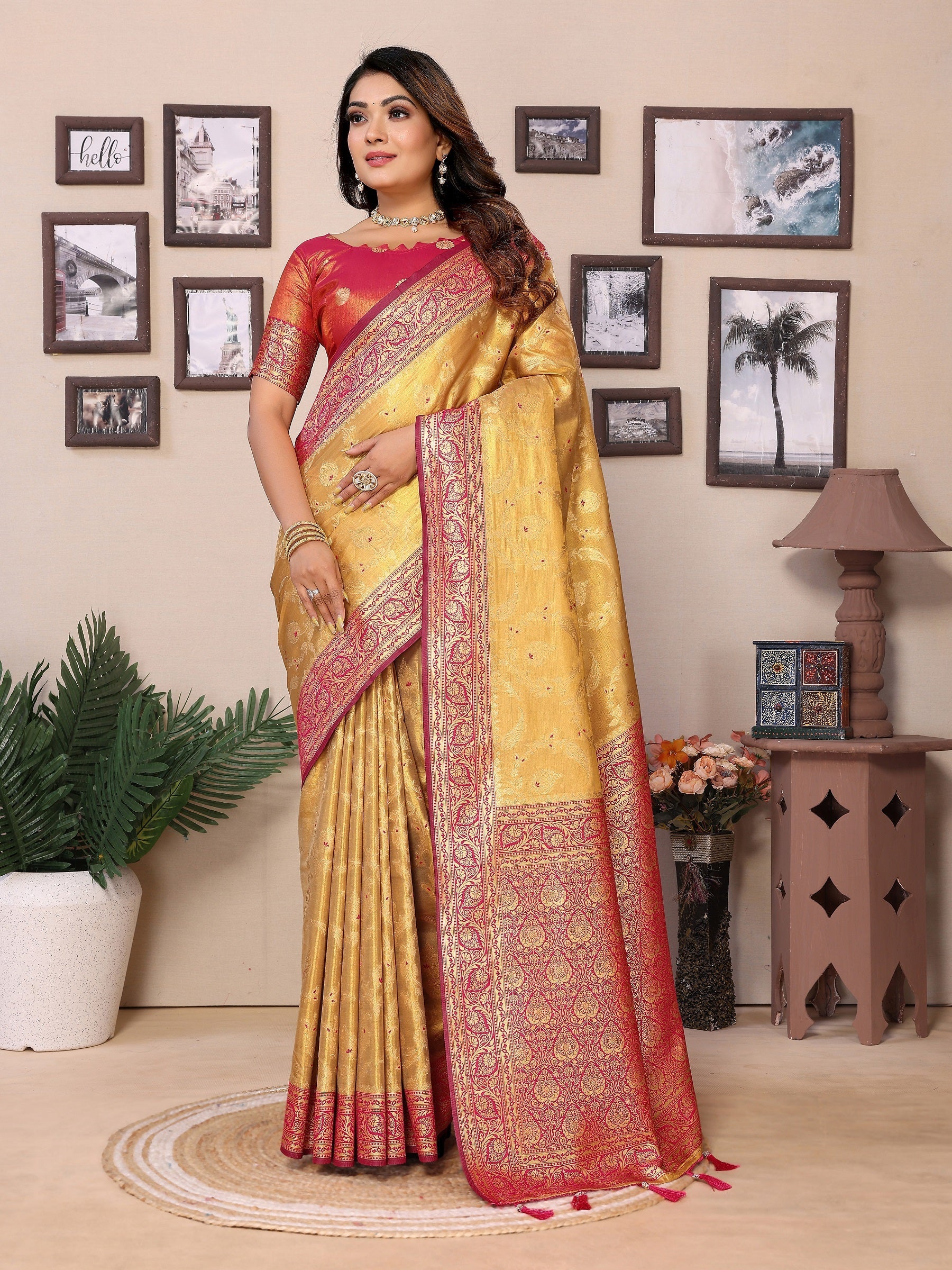 Vedant Vastram Tissue Silk Kanjeevaram Silk Saree - Mustard | Grocsy
