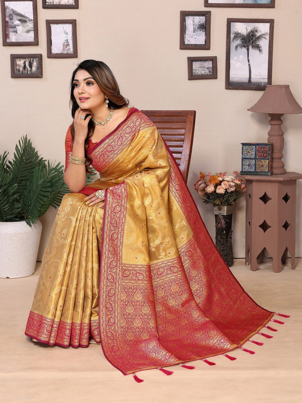 Vedant Vastram Tissue Silk Kanjeevaram Silk Saree - Mustard | Grocsy