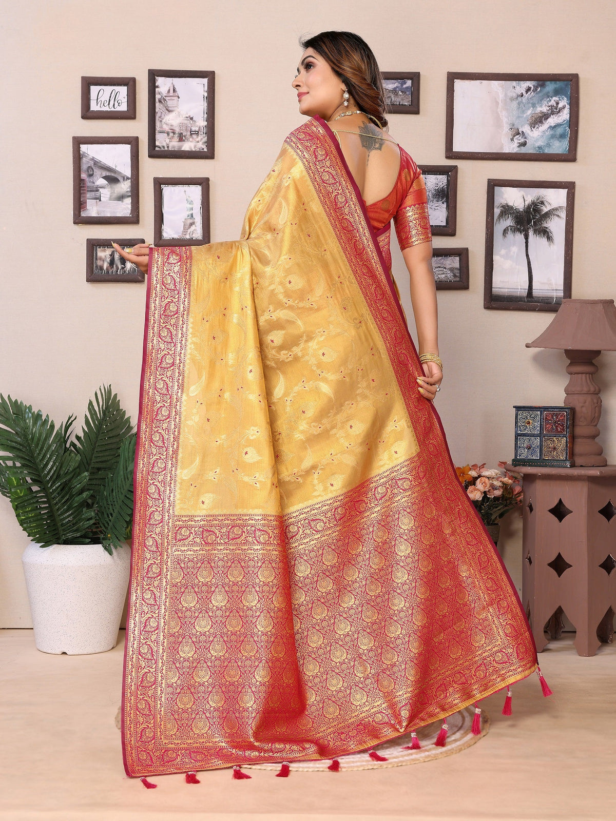 Vedant Vastram Tissue Silk Kanjeevaram Silk Saree - Mustard | Grocsy