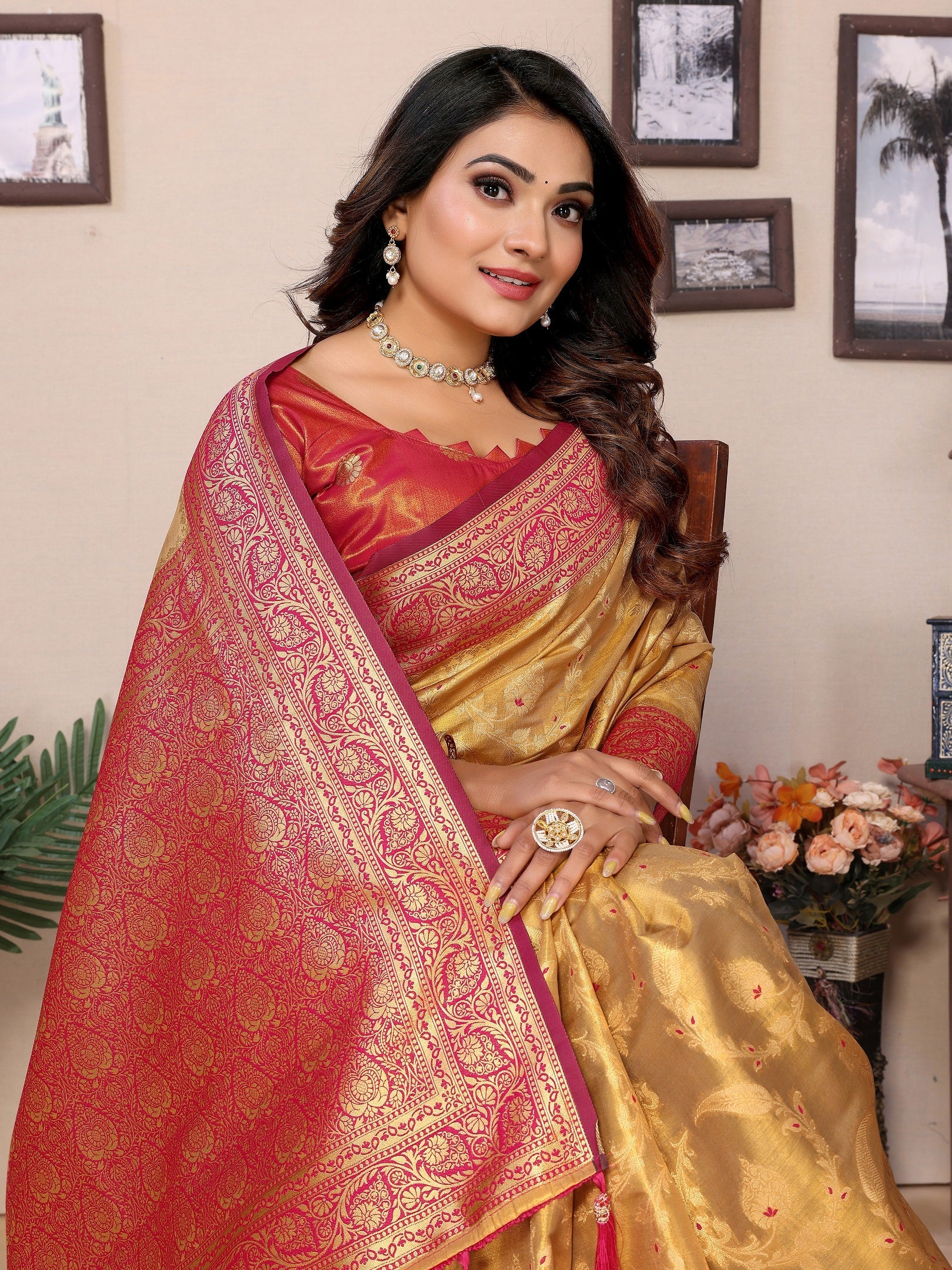 Vedant Vastram Tissue Silk Kanjeevaram Silk Saree - Mustard | Grocsy